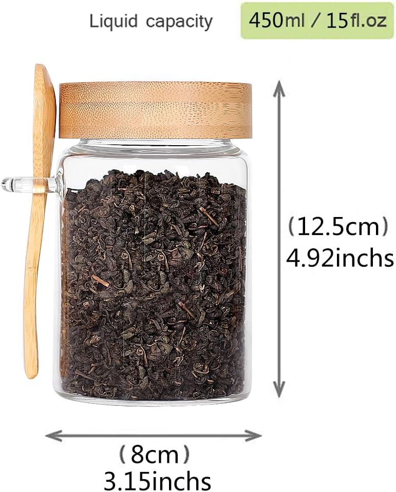 Glass Jar with Screw Lid and Spoon Set of 3, 16 OZ Tea Containers for Loose Leaf Tea, Salt and Sugar Containers for Countertop, Yogurt Jars for Overnight Oatmeal