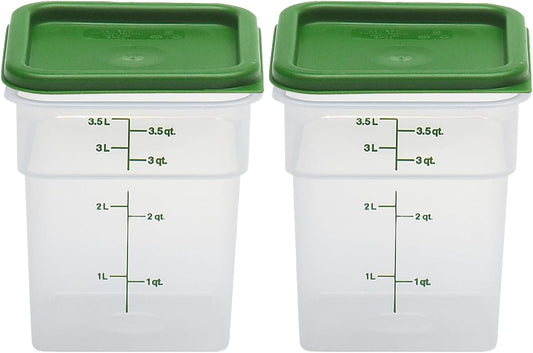 Cambro Food Storage Container with Lid (Microwave Safe and BPA-Free) - 2 Pack - Classic Series Square with Green Lid - 4 QT (Quart) - Commercial Grade for Food Prep (Translucent)