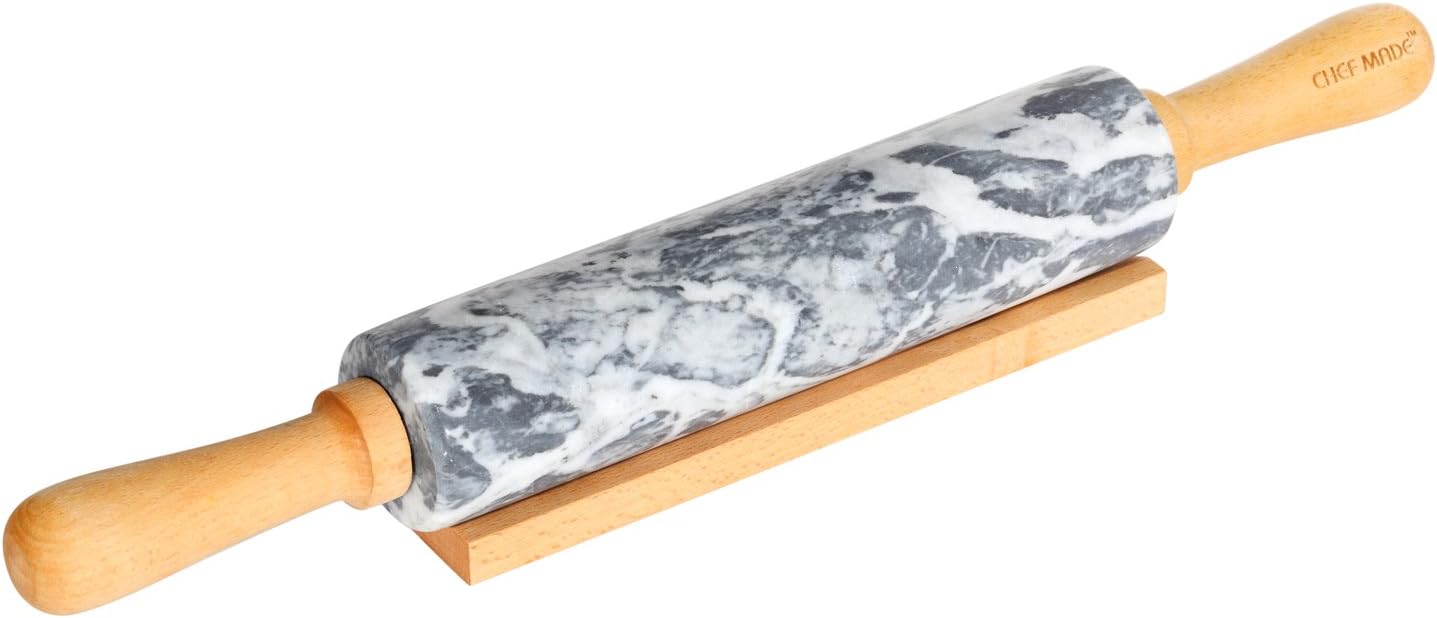 CHEFMADE 18-Inch Marble Rolling Pin with Wooden Handles and Cradle, Non-Stick (Gray and White)