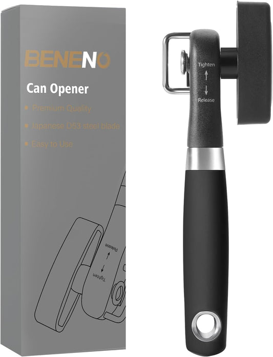 Beneno Can Opener, Manual Side Safe Cut Can Opener Smooth Edge with Durable Sharp Blade, Effort-Saving Knob & Comfortable Non-slip Handle, Black