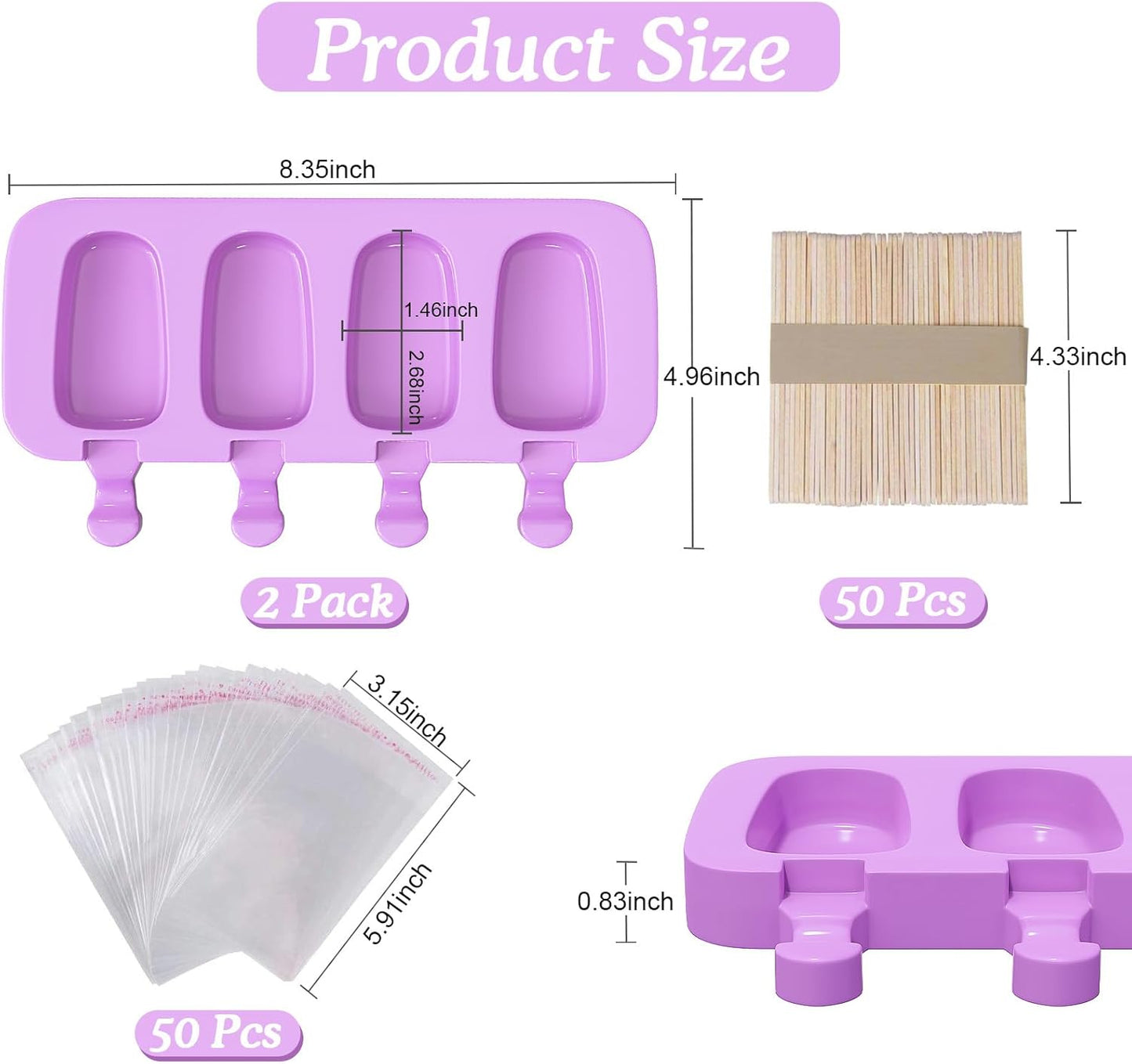 Ozera Popsicles Molds, 2 Pack Silicone Cake Pop Molds Reusable Popsicle Maker Ice Pop Cakesicle Molds with 50 Wooden Sticks & 50 Popsicle Bags for Homemade DIY Popsicles