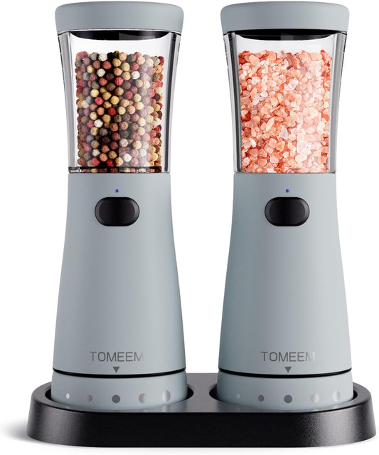 Electric Salt and Pepper Grinder Set with Storage Base, Stainless Steel Rechargeable Salt and Pepper Grinder Set with 4.5 oz Large Capacity, 1.8" Wide Mouth, Adjustable Coarseness, Ideal for Kitchen