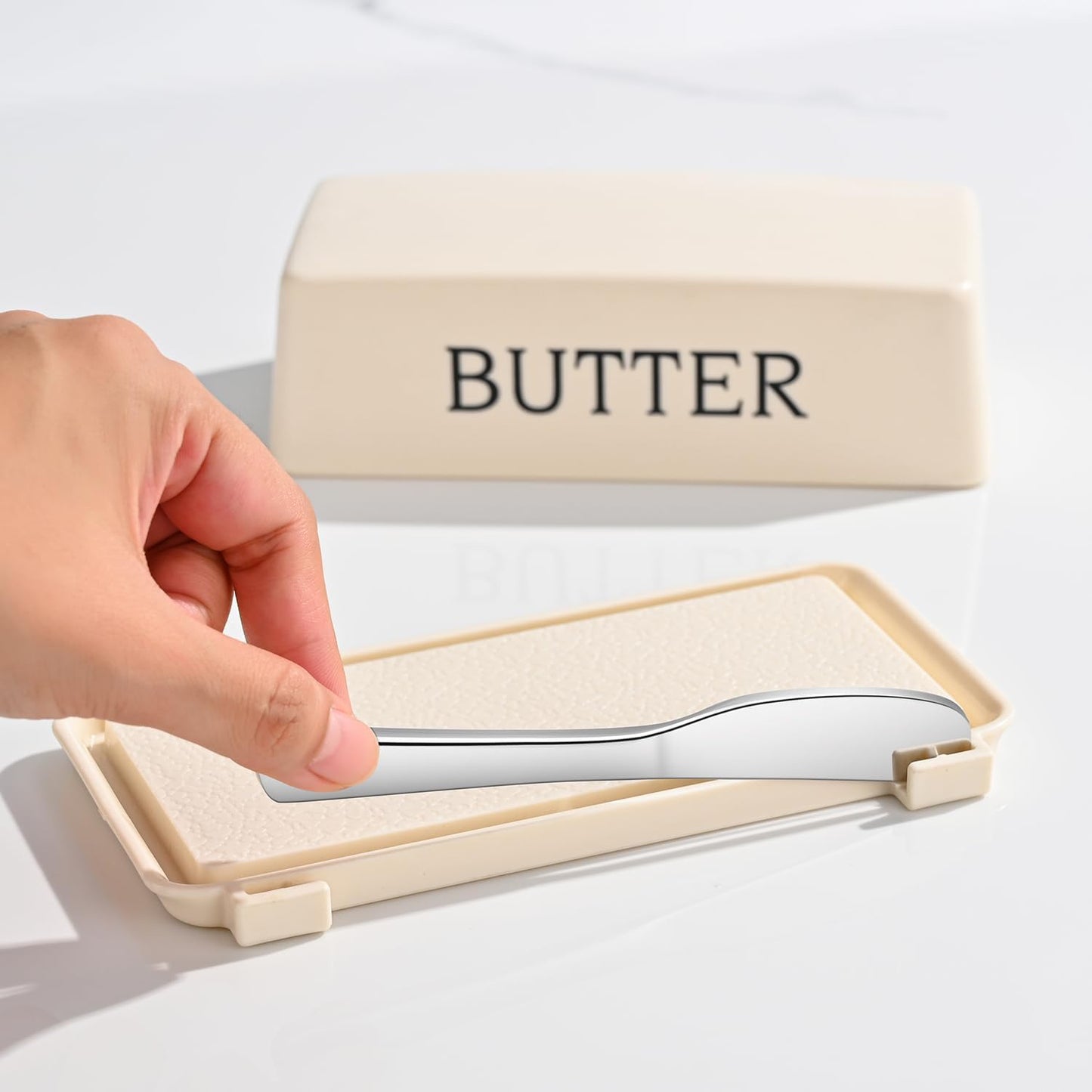 Butter Holder With Lid And Knife,Food Grade Plastic Butter Dish For Countertop,Large Butter Storage Container With Cover,White