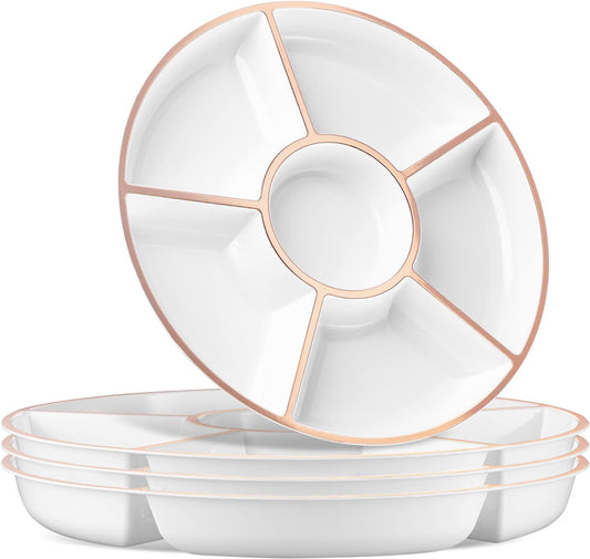 Plasticpro 6 Sectional Round Plastic Serving Tray/Platter (4, White & Rose Gold)