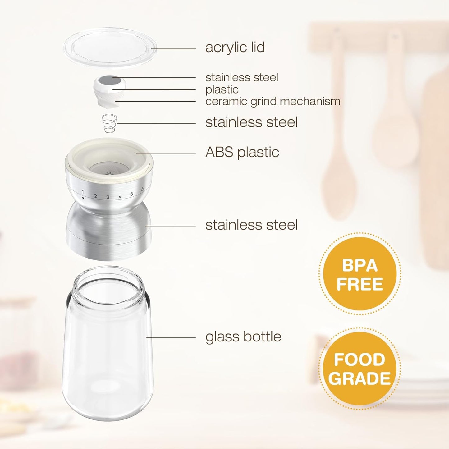 Vucchini Pepper Grinder Salt Grinder Manual - External Adjustable Coarseness with 6 Settings Stainless Steel Spice Grinder Mill Ceramic Burr Large Capacity 9 oz Ideal for Kitchen