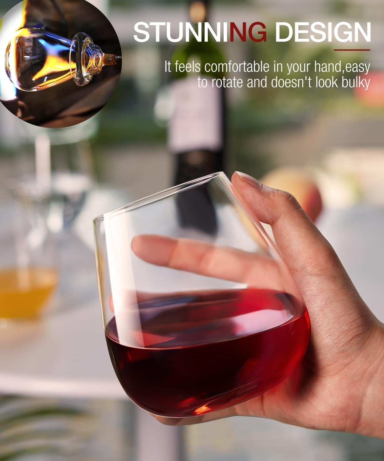 LUNA & MANTHA Stemless Wine Glasses Set of 4(17oz),Hand Blown Crystal for Red & White Wine, Ideal for Daily Use & Special Occasions,|Perfect Gifts for Men, Women