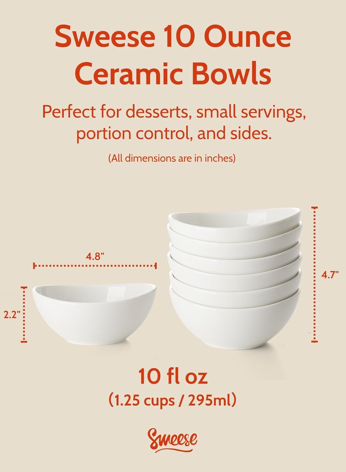 Sweese Porcelain Bowls Set - 6 Pack, 5 Inch, 10 oz for Desserts, Soup, Rice, Microwave Dishwasher Safe, White