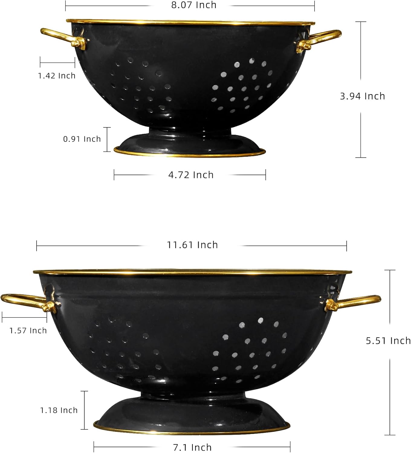 Metal Colander 2 Pack, 3.5 Quart Powder Coated Self-draining Solid Ring Base Metal Large Kitchen Pasta Vegetable Fruit Strainer with Handle (L-BLACK)