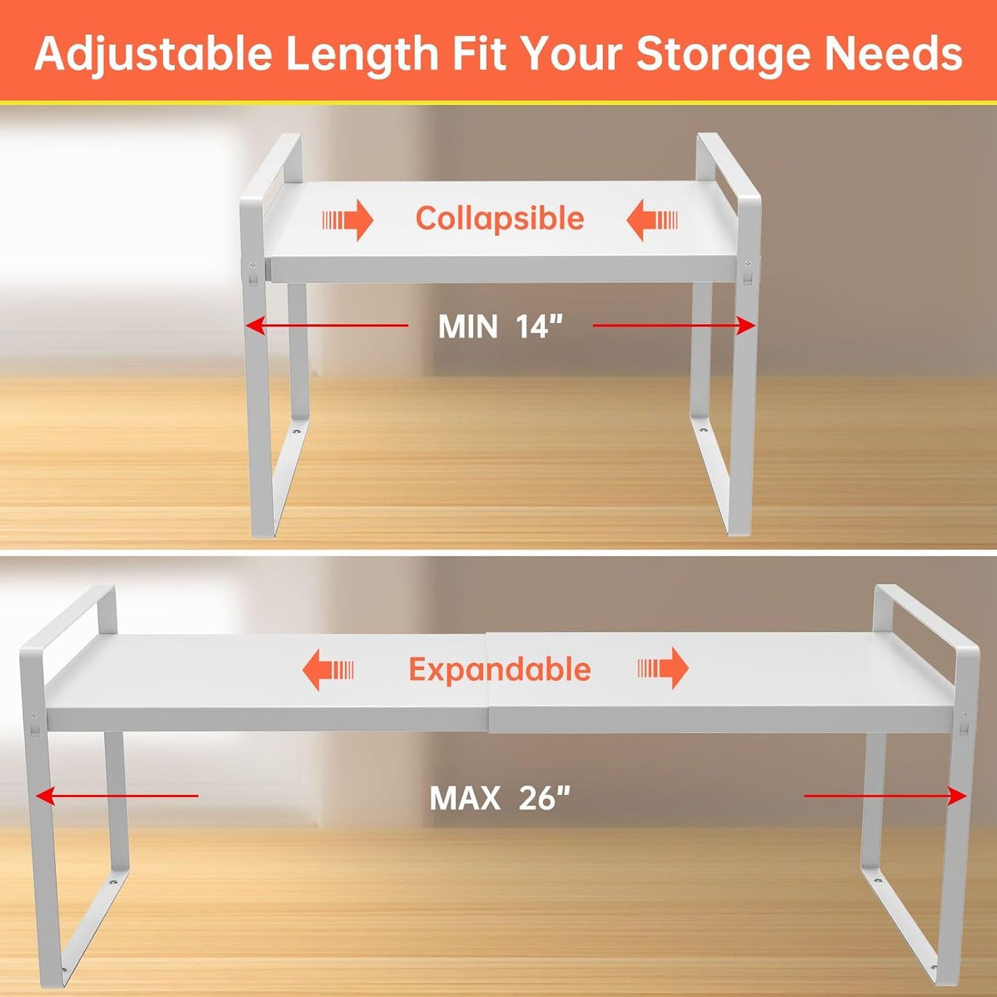 Cabinet Shelves Organizer for Kitchen 11", Expandable Shelf with Adjustable Length, Metal Countertop Organizer, Fits Pantry, Over the Sink, Spices, Microwave & Dishes Storage, White (2 Pack)