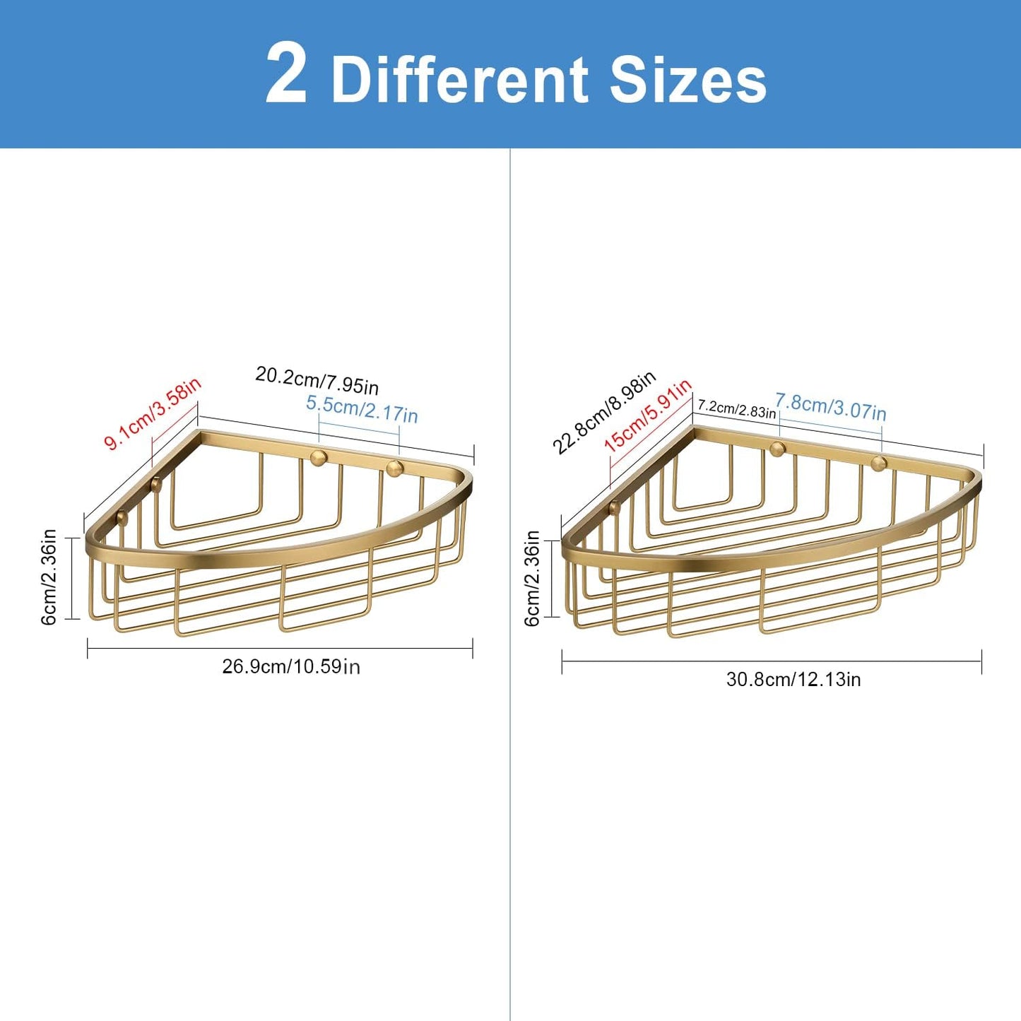 [2 Pack Bathroom Corner Shower Caddy Shelf Organizer, SUS304 Stainless Steel Heavy Duty Rust-Proof Shelf Holder, Wall Mounted Storage Rack for Bathroom Kitchen, Brushed Gold