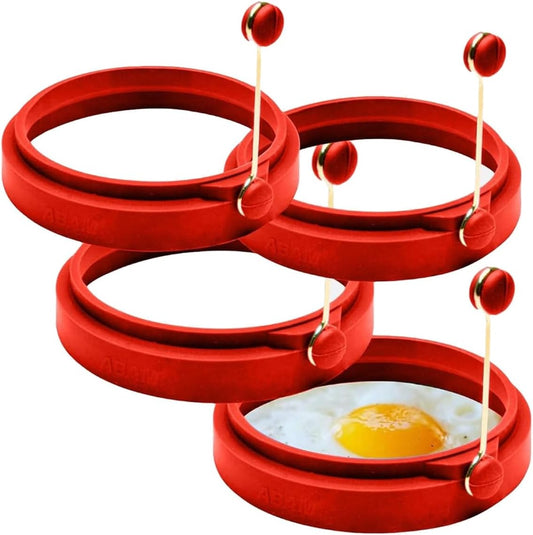 Professional 4 Inch Silicone Egg Ring, Pancake Mold Egg Mold for Breakfast Sandwiches, Omelets and More, Nonstick Ring, Round Blue (Pack of 4), Free e-Book by Abam (Red)