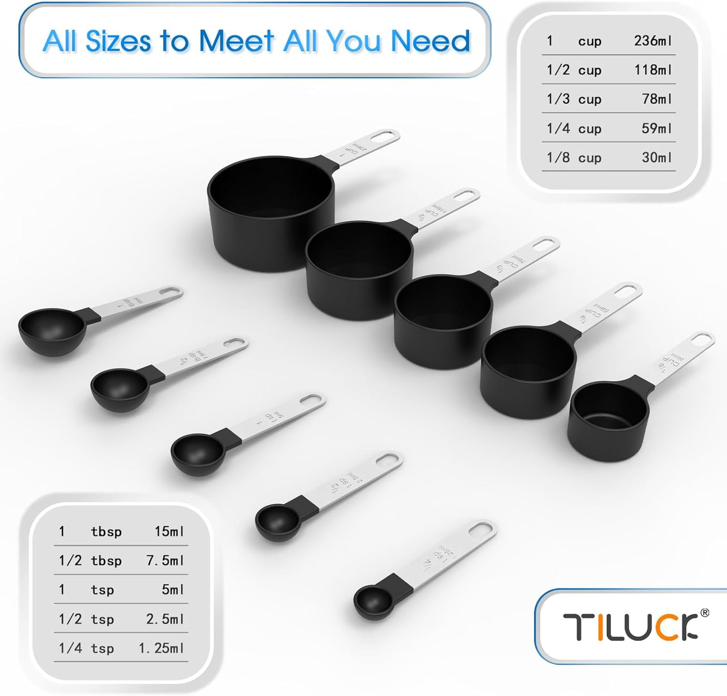 TILUCK Measuring Cups & Spoons Set, Stackable Cups and Spoons, Nesting Measure Cups with Stainless Steel Handle, Kitchen Gadgets for Cooking & Baking (Black)