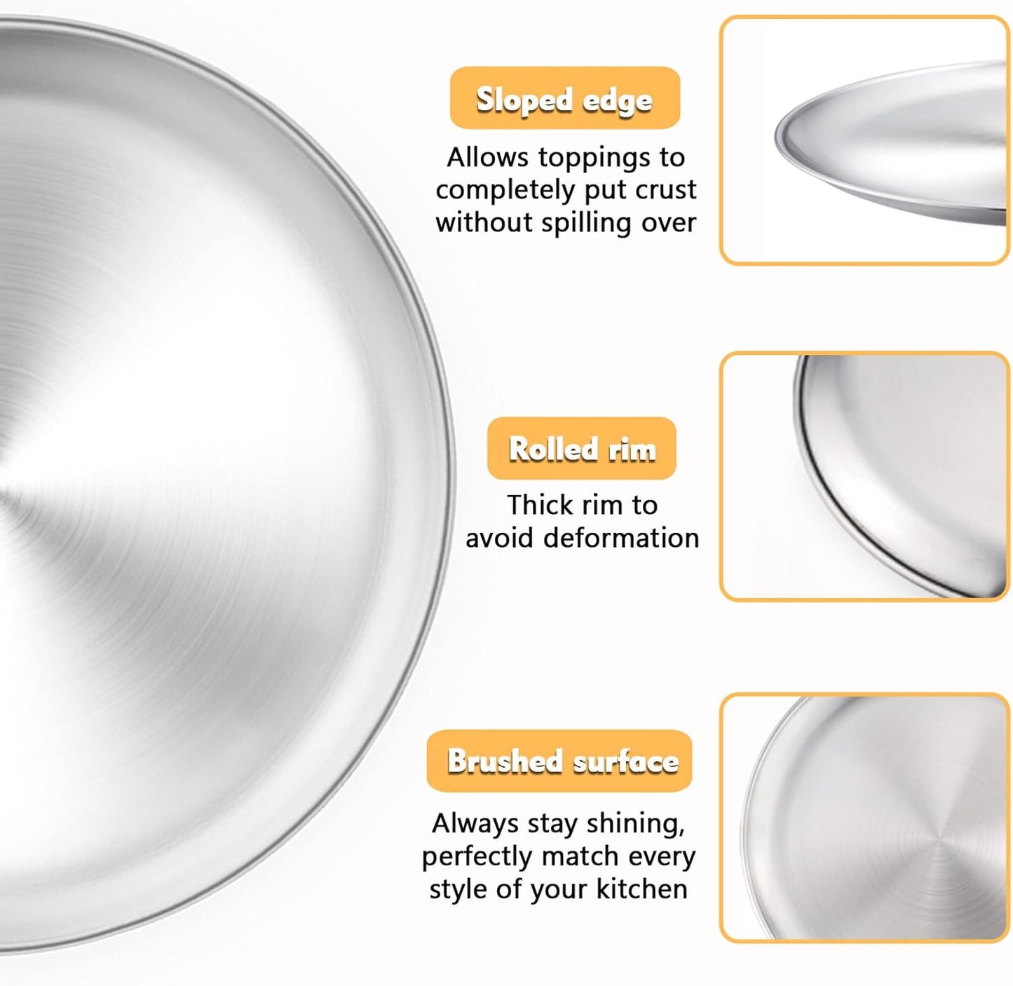 P&P CHEF 13.5 Inch Pizza Pan, 3 Pieces Stainless Steel Round Pizza Tray Dish Plate For Oven Baking Roasting, Healthy & Heavy Duty, Rust Free & Dishwasher Safe -Silver