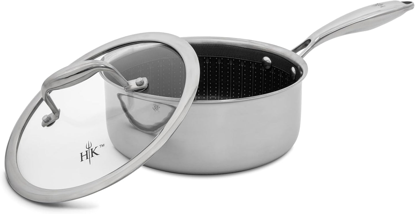 Hell's Kitchen Hybrid 2.5 Qt Saucepan and lid, Tri-Clad Stainless Steel and Nonstick Ceramic, PFAS Free, no PFOA, no PTFE, no Teflon, Non Toxic Cookware, Metal Utensil Safe, All Cooktops and Oven Safe