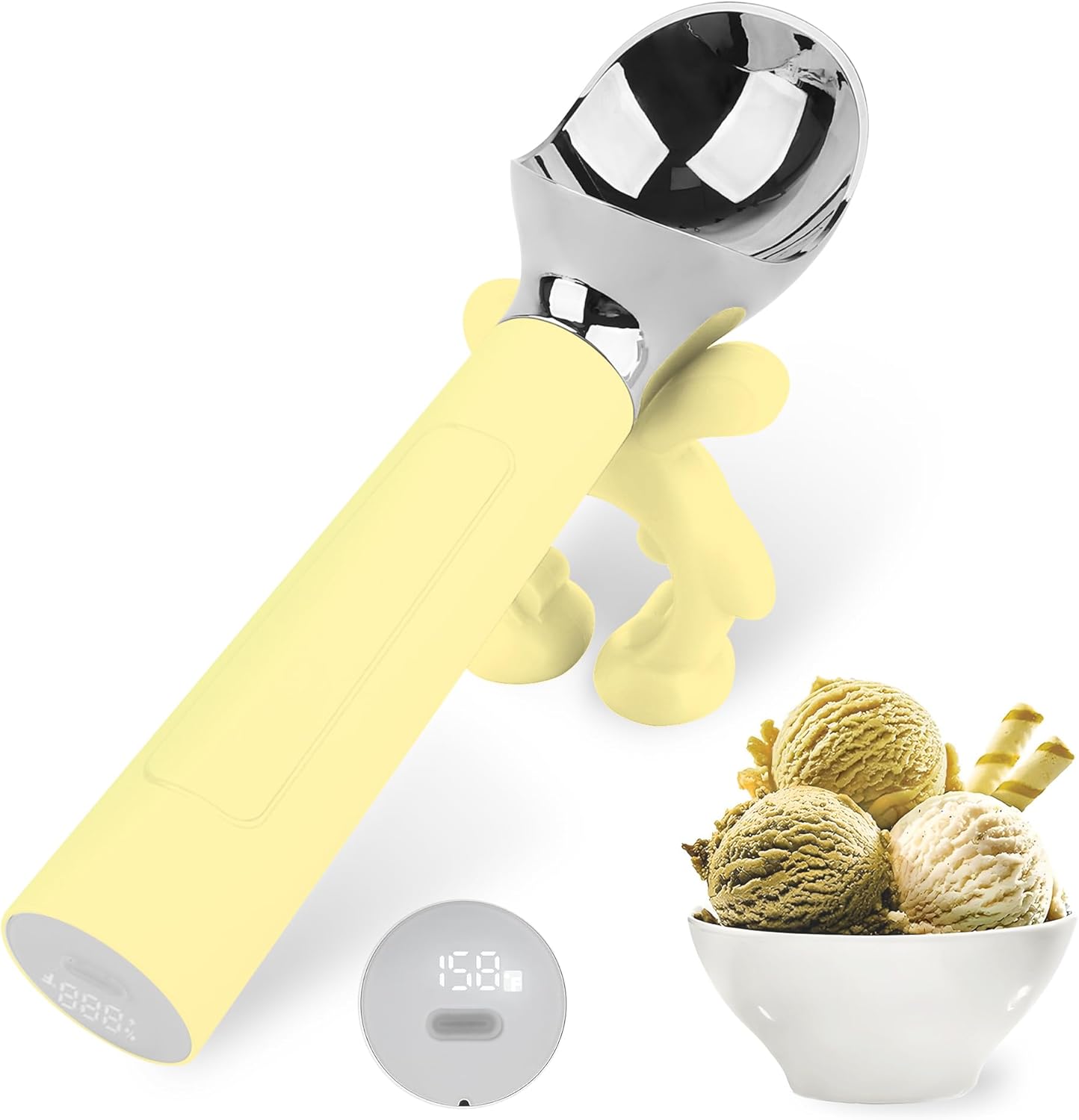 NEWEST Heated Ice Cream Scoop, Rechargeable Electric Warming Scooper with LED Display, Heats to 158°F for Hard Ice Cream, IP67 Waterproof, Easy for Seniors & Kids (Yellow)