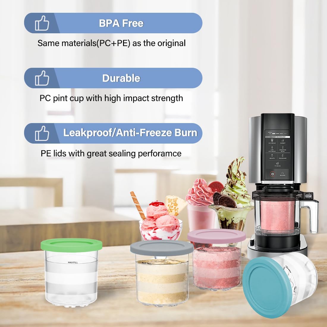 NANOBABY Pint Containers and Lids Replacement Compatible with Ninja CREAMi 7-in-1 Ice Cream Maker, 16oz Pint Cup Replacement for Ninja Creami NC300 Series,NC301 NC299AMZ CN305A CN301CO,4-Pack,BPA Free
