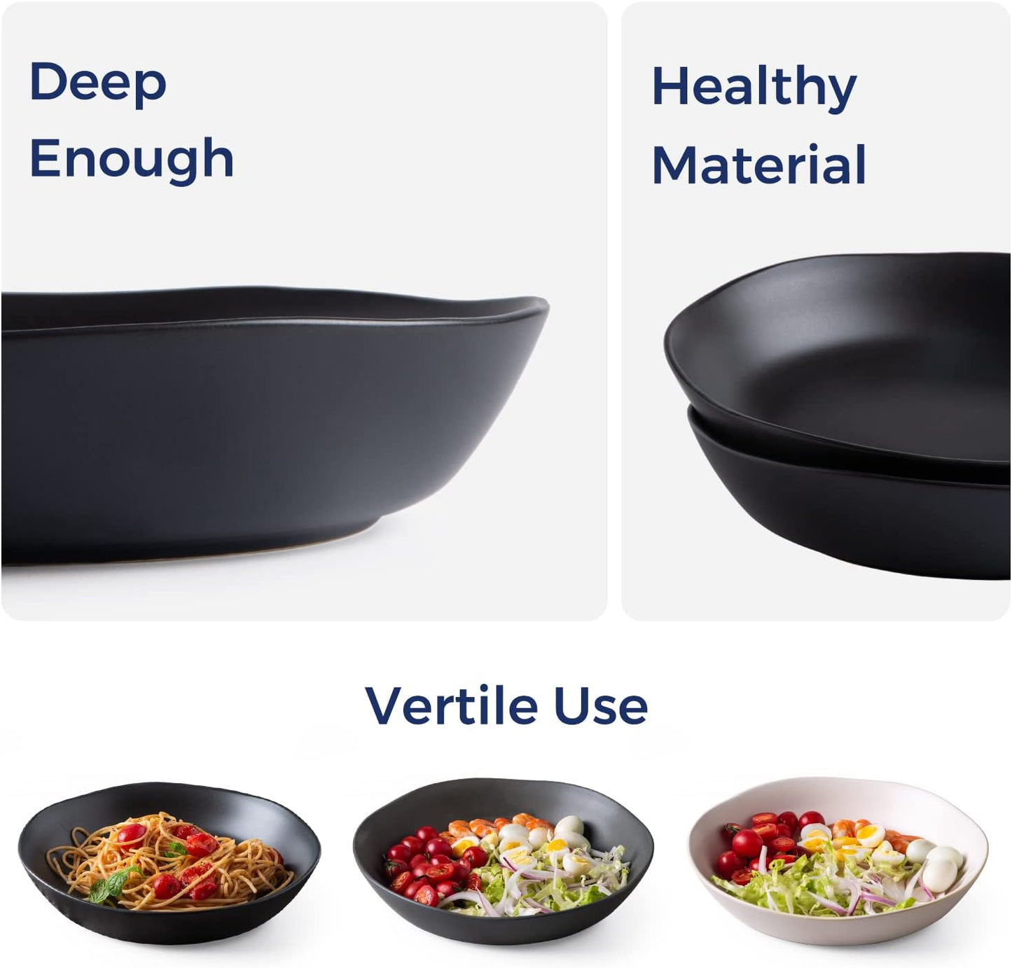 AmorArc 9.75'' Ceramic Large Pasta Bowls, 38oz Stoneware Flat Serving Bowls Set of 4, Oven,Microwave&Dishwasher Safe Bowls with Wavy Rim for Fruit Pasta Salad Meal, Matte Black