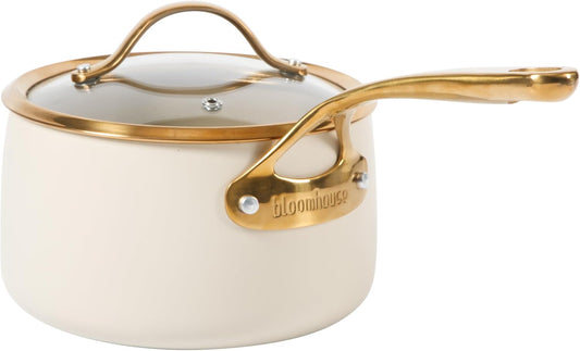 bloomhouse 3 Quart Heavy Duty Aluminum Premium PFA Free Ceramic Nonstick Saucepan with Lid - Almond Cream w/Gold Handle