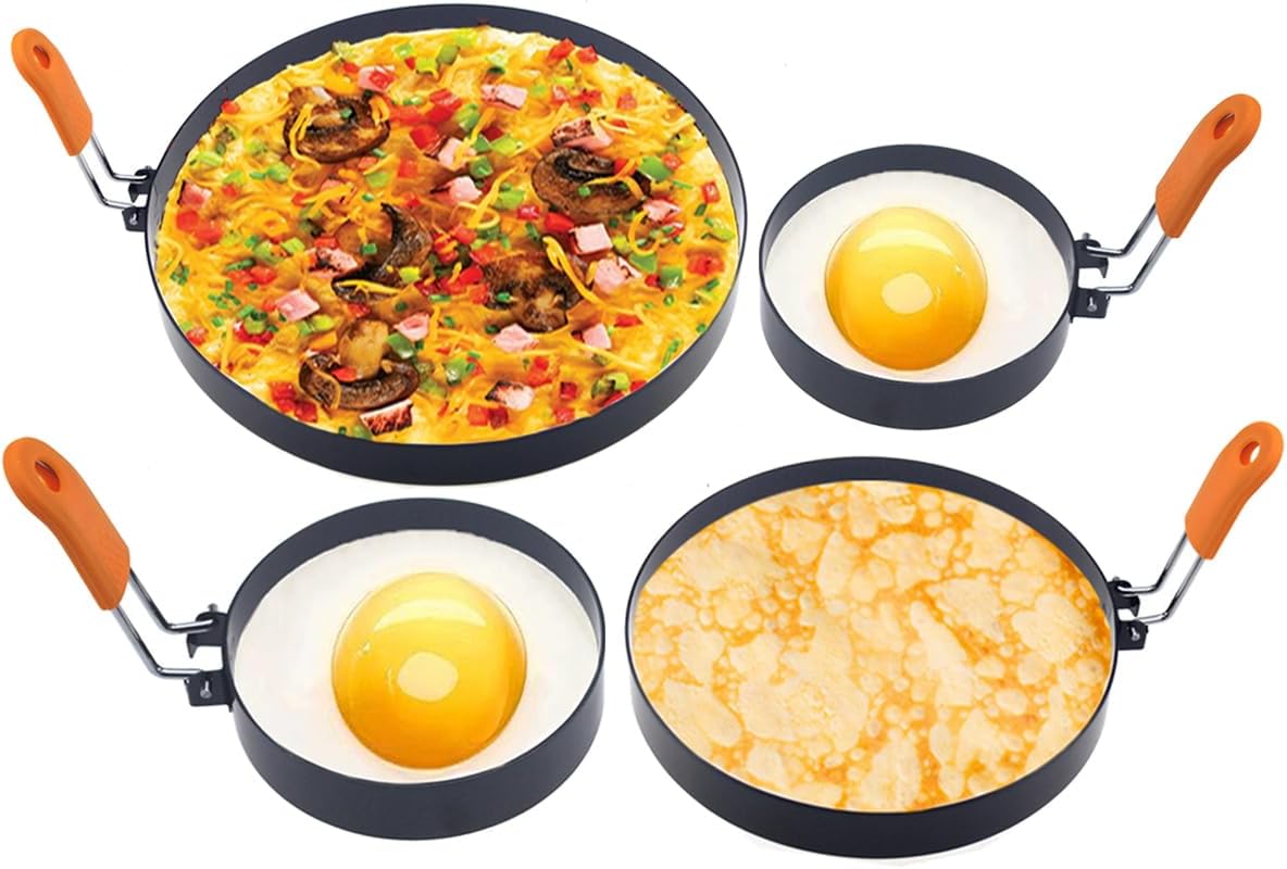 Stainless Steel Egg Rings - 8 Pack, 8" Omelet, 6" Pancake, 4" & 3.5" Egg Muffin Rings with Oil Brush & Separator