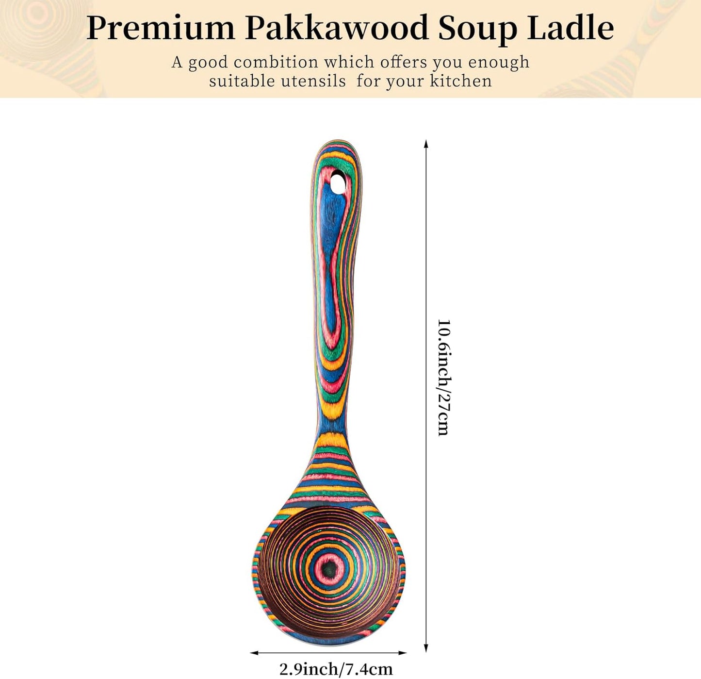 Gudamaye Pakkawood Rainbow Deep Soup Ladles,Pakkawood Ladle,10.6 inch Big Soup Ladle for Cooking,Deep Ladle Spoons,Wood Ladle, Wood Kitchen Utensils Set, Wooden Spoons for Cooking