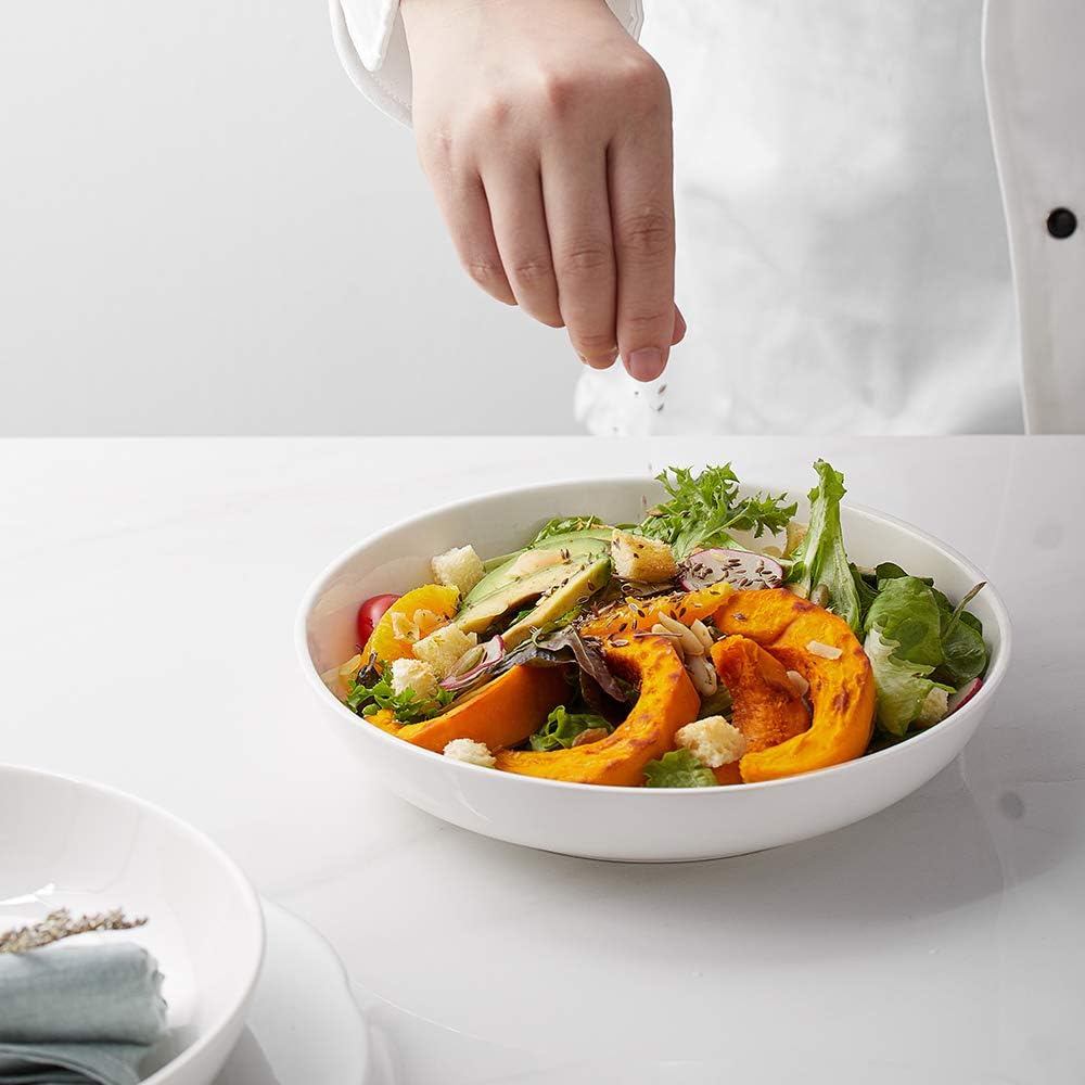 Y YHY Pasta Bowls 32oz, Ceramic Large Salad Serving Bowls, White Pasta Bowls Set, Shallow Soup Bowl Set of 4, Microwave & Dishwasher Safe