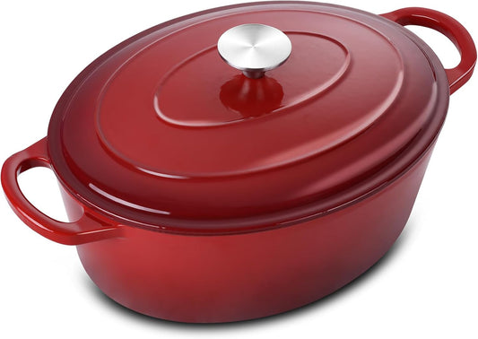 5QT Oval Dutch Oven Pot with Lid, Leonyo 5 Quart Enameled Oval Cast Iron Dutch Oven for Sourdough Bread Breaking, Heavy Duty Cookware for Braising, Stews, Roasting, Red