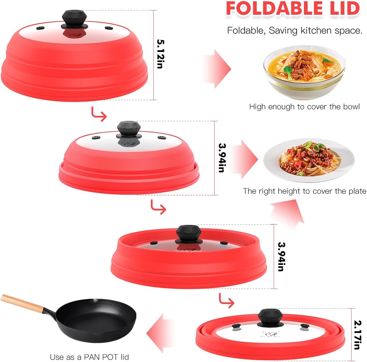 Microwave Splatter Cover Vented Glass Splatter Guard Lid with Collapsible Silicone for Food as Pot Cover Plate 10.8 inch for 6 7 8 9 10 inch Plate Bowl Red