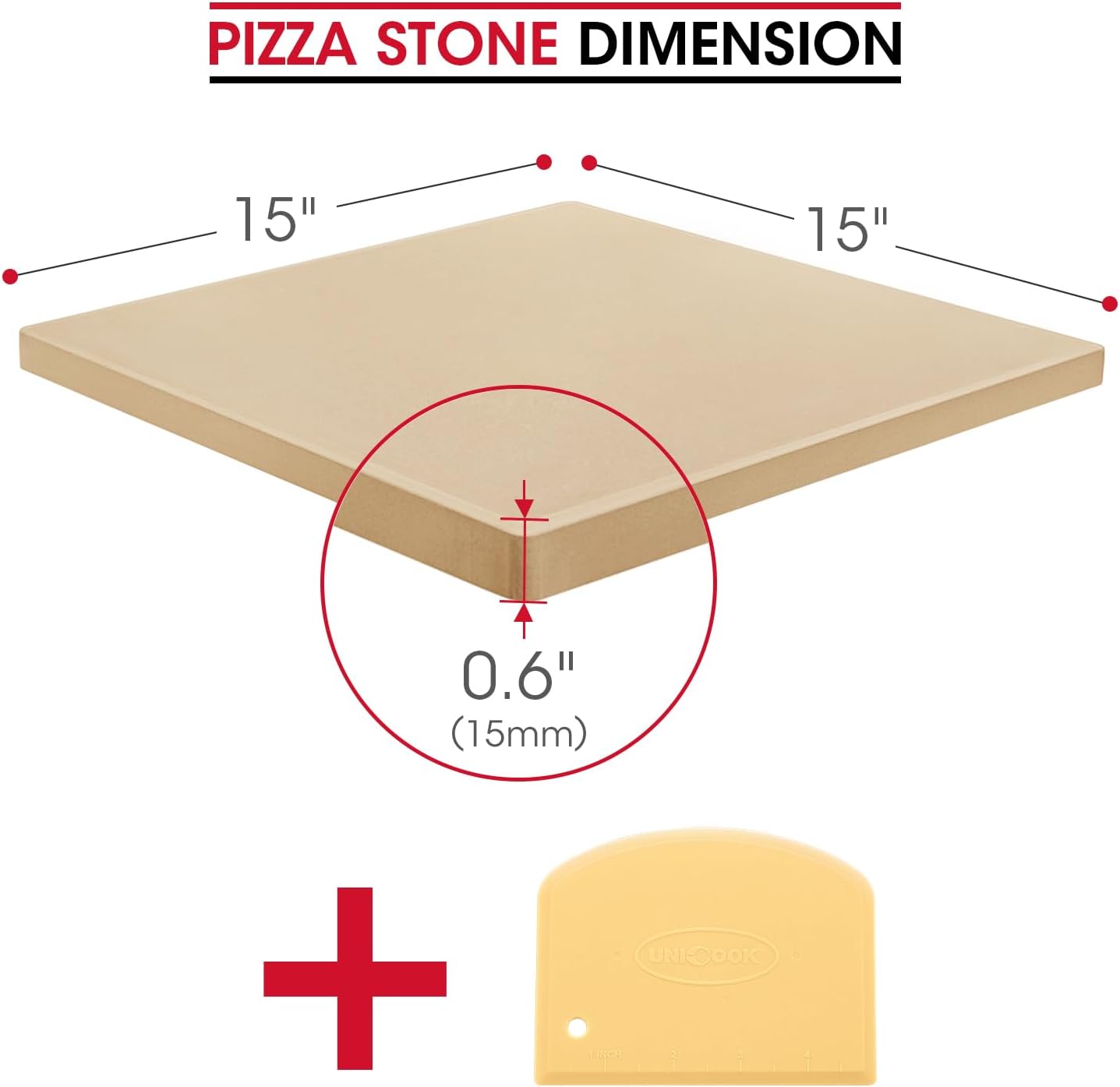 Unicook Pizza Stone 15 Inch, Premium Baking Stone for Oven Grill, Square Cordierite Bread Pizza Pan, Thermal Shock Resistant, Includes Scraper