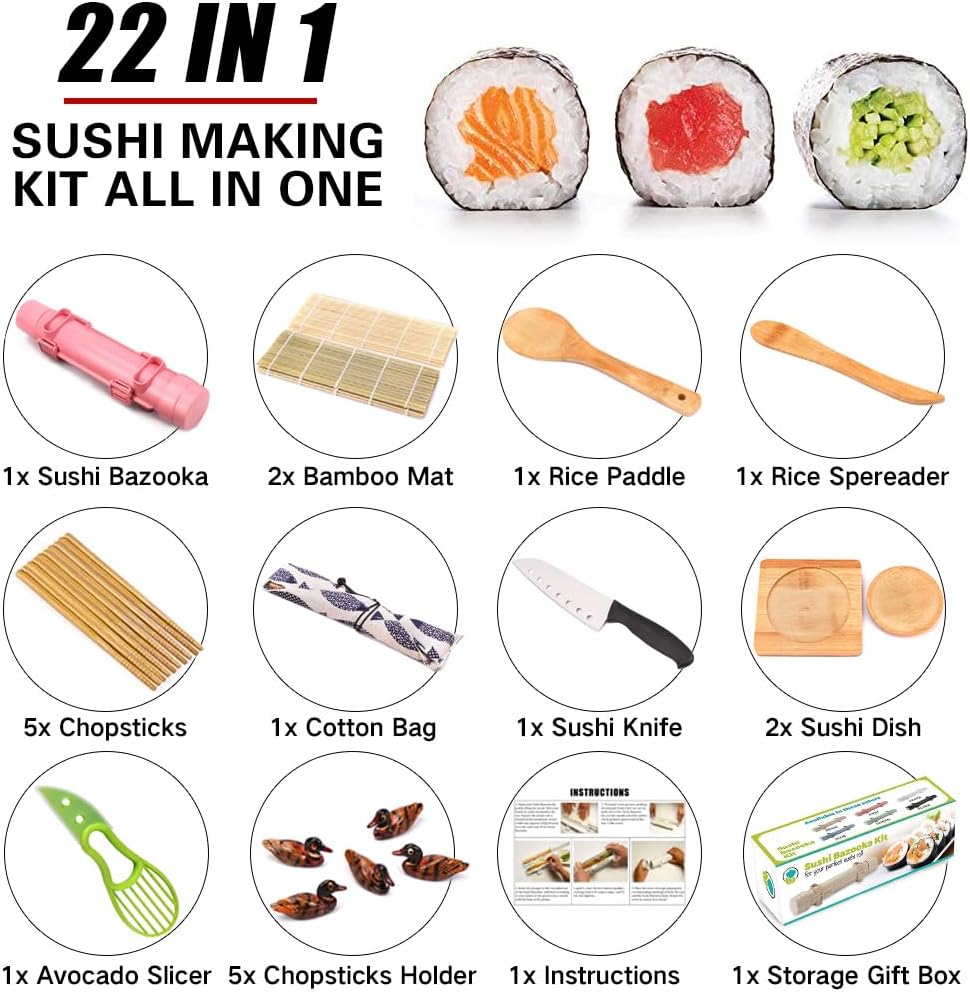 Sushi Making Kit For Beginners - 22 Piece DIY Sushi Roller Kit with Bamboo Sushi Rolling Mat, Sushi Bazooka, Chef's Knife, Chopsticks, Holder - Best Starter Sushi Kit (Pink)