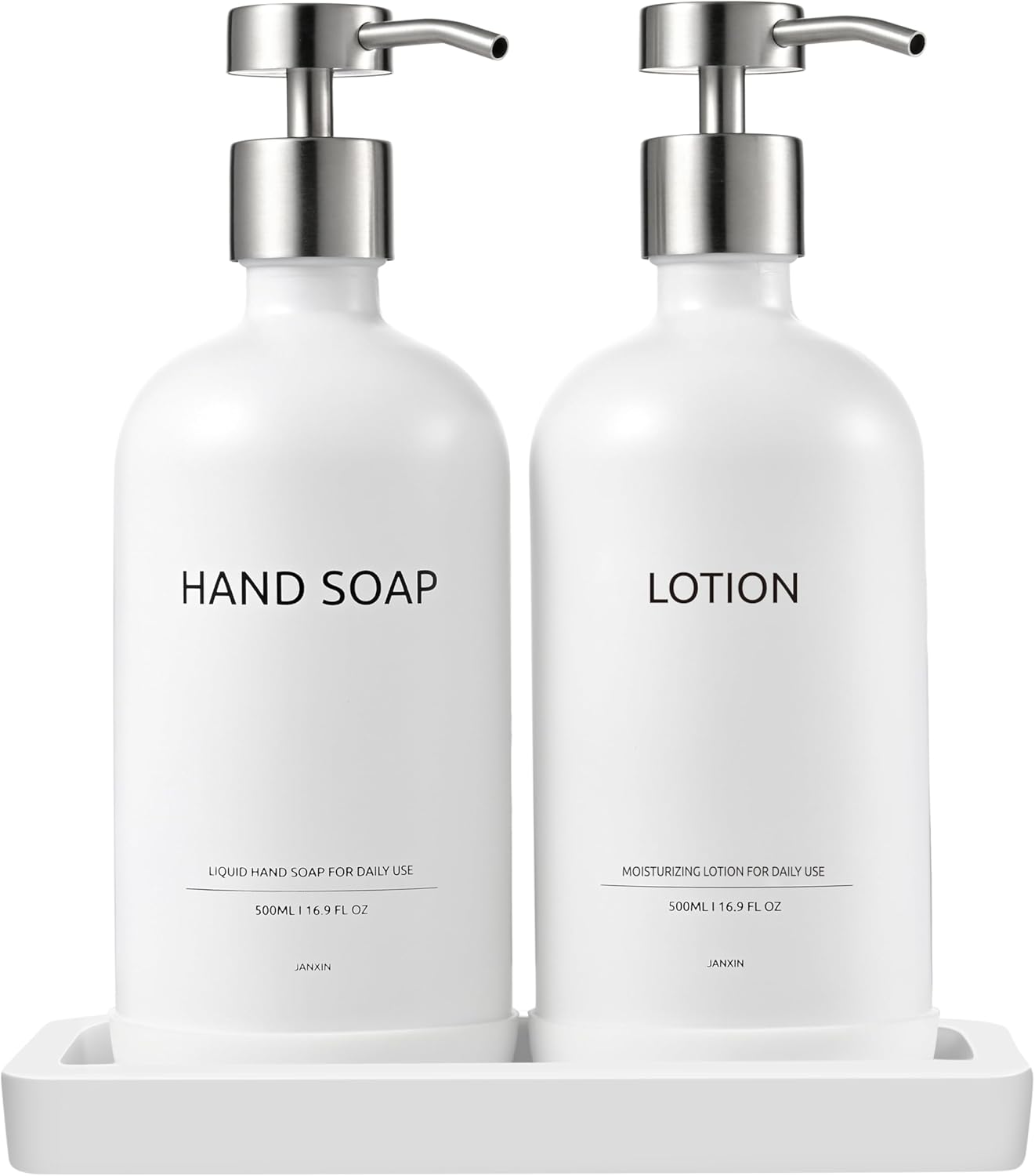 Glass Kitchen Soap Dispenser Set with Ceramic Tray,16.9 floz Hand and Dish Soap Dispenser for Kitchen and Bathroom Decor (White + Silver(Lotion))