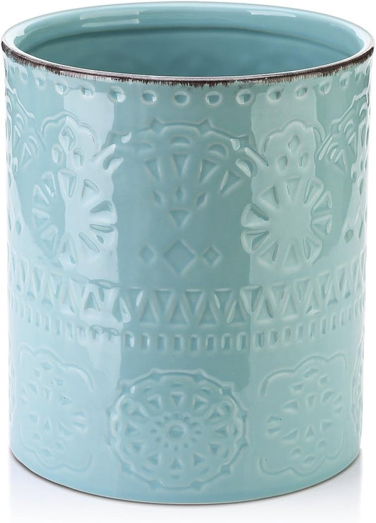 DOWAN 7.2" Kitchen Utensil Holder, Extra Large Farmhouse Utensil Holders for Countertop, Ceramic Utensil Crock, Anti Slip Cork Bottom (Blue, 7.2 Inch)