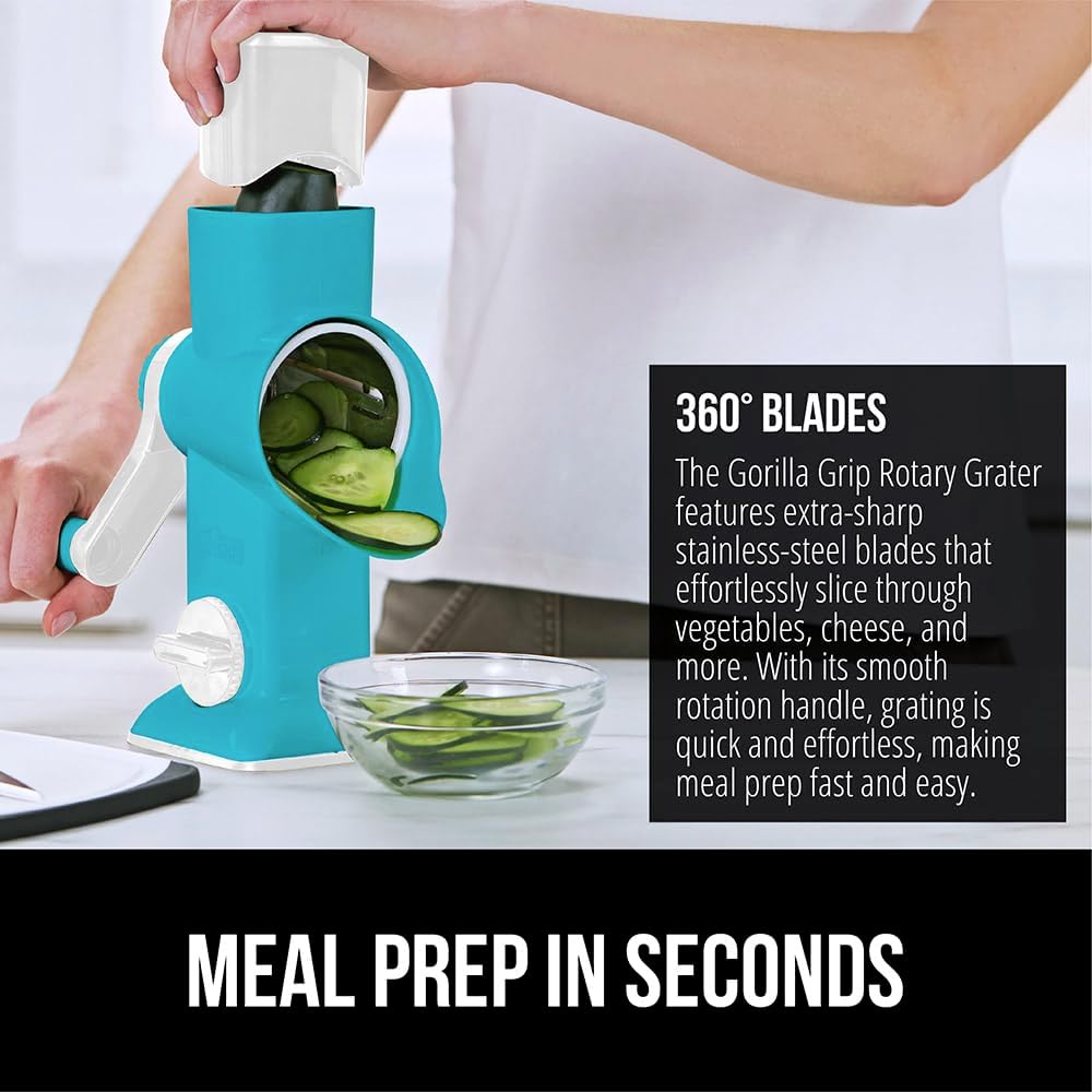GORILLA GRIP BPA-Free Rotary Cheese Grater Hand Crank, Easy to Set Up, Strong Suction Base for Kitchen Countertop, Shred Potato, Vegetable, Nuts in Seconds, Round Mandoline Slicer, 3 Blades, Turquoise
