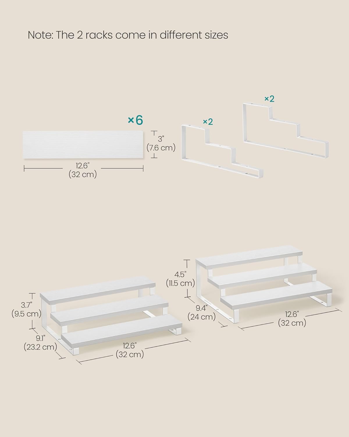 SONGMICS Display Risers, Set of 2 Engineered Wood Perfume Organizer Stand, 3-Tier Cupcake Stand Holder, Spice Rack, Shelf Risers for Figures, Dessert Shelves, Snow White and Cloud White UKCS116W01