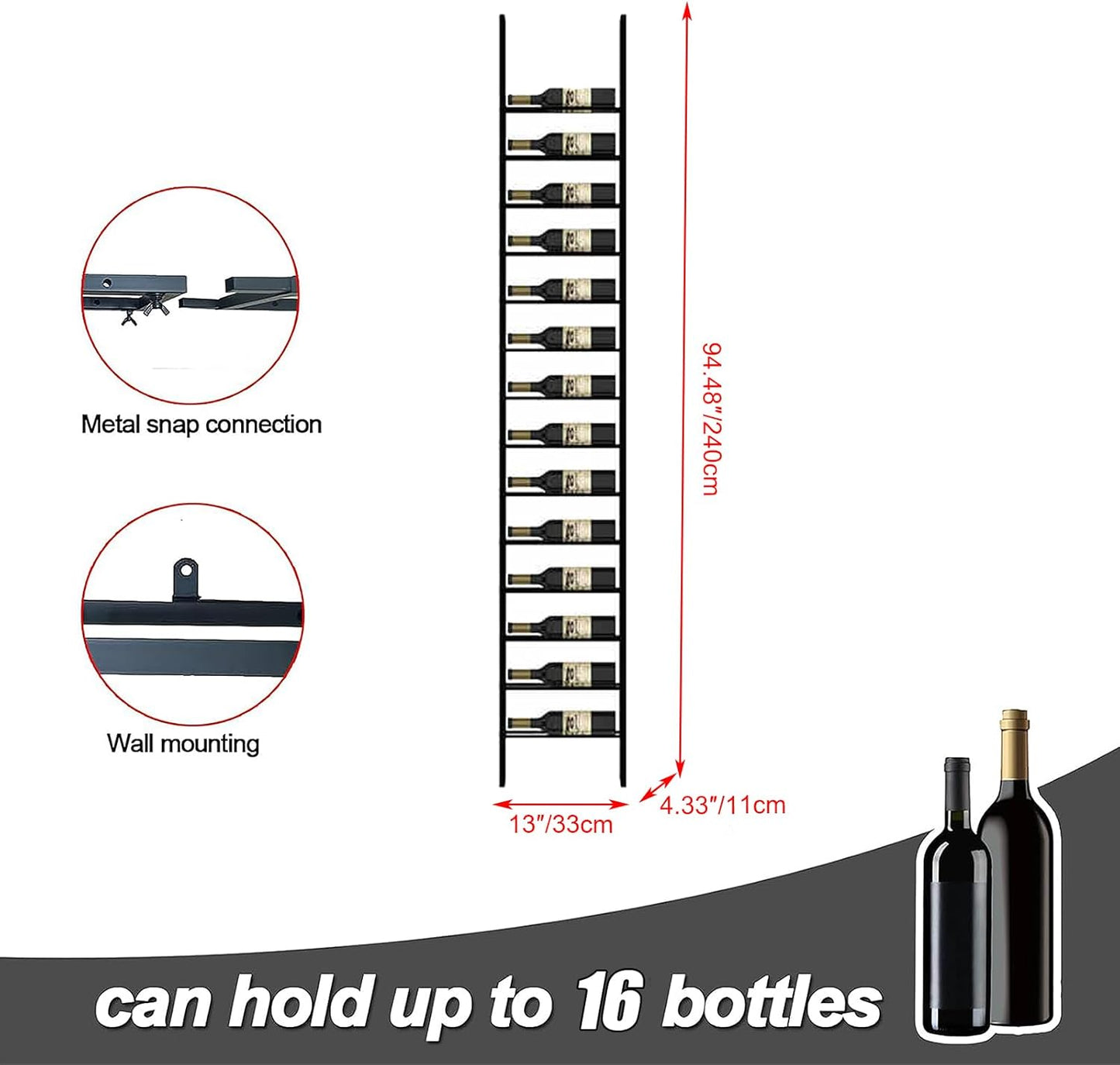 Wine Rack Freestanding Floor, 16 Tier 16 Bottle Capacity Display Holder, Black Industrial Wine Bottle Storage Shelves, for Any Bar, Wine Cellar, Kitchen, Dining Room (Black, 1 Column)