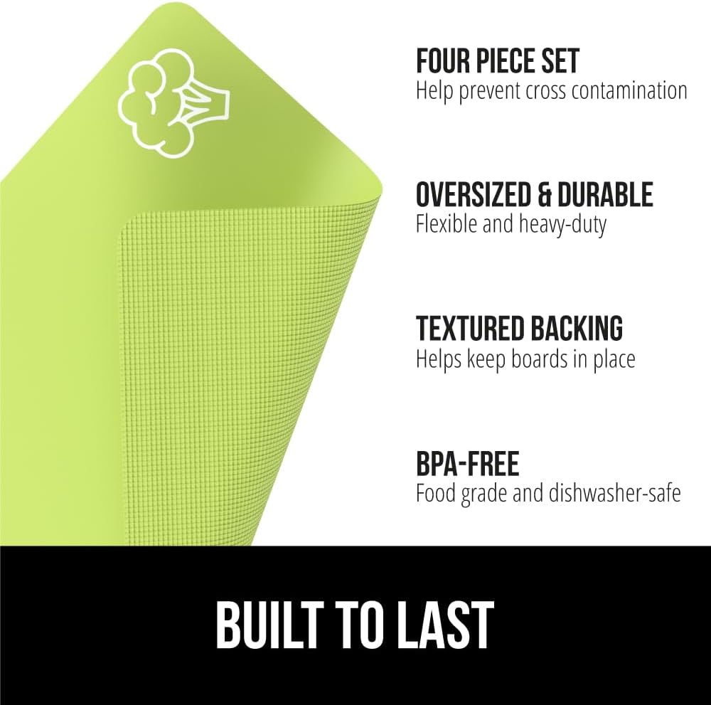 GORILLA GRIP 100% BPA-Free Flexible Cutting Board Set of 4, Durable Plastic Mats with Food Icons for Meal Prepping, Large Kitchen Chopping Mat, Use for Meat Fish Vegetables Fruit, 15x12, Multicolor