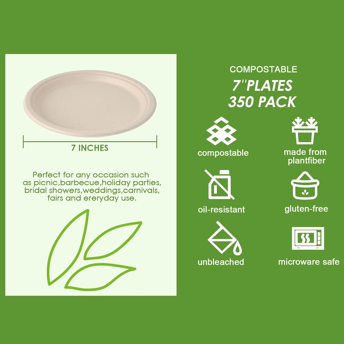 Vplus 350 Pack Paper Plates 7 inch 100% Compostable, Heavy-Duty Disposable Paper Plates Bagasse Natural Biodegradable Eco-Friendly Sugarcane