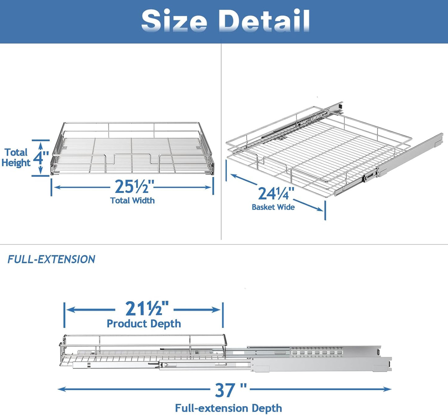 ROOMTEC Pull Out Cabinet Organizer, Cabinet Pull Out Shelves 25½" W x 21½" D, Heavy Duty Cabinet Drawers Slide Out Kitchen Cabinet Organizers Storage Shelf