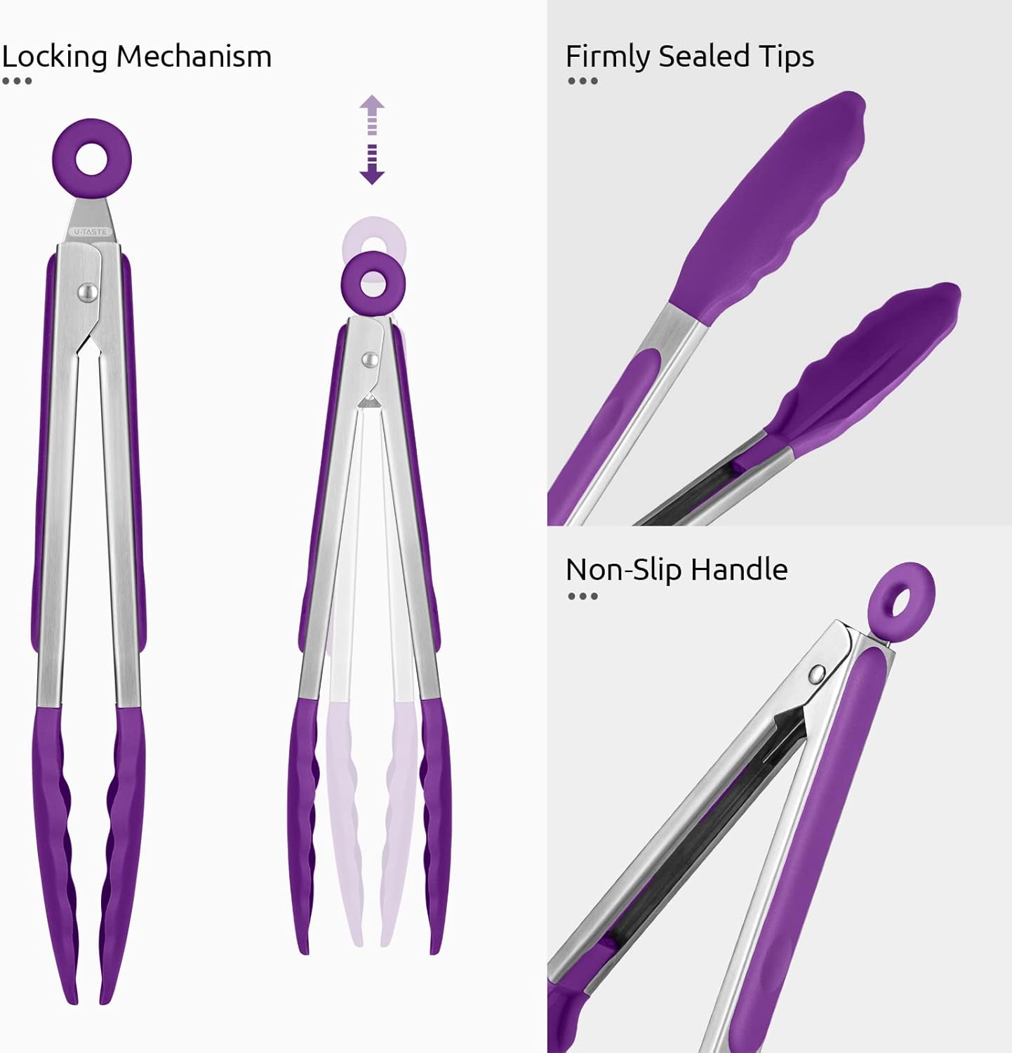 600ºF Heat Resistant Kitchen Tongs: U-Taste 9 inch Silicone Cooking Tong with Firm Sealed Non Stick Rubber Tips & Silicon Coated 18/8 Stainless Steel Handle & Smooth Locking for Serving Grill (Purple)