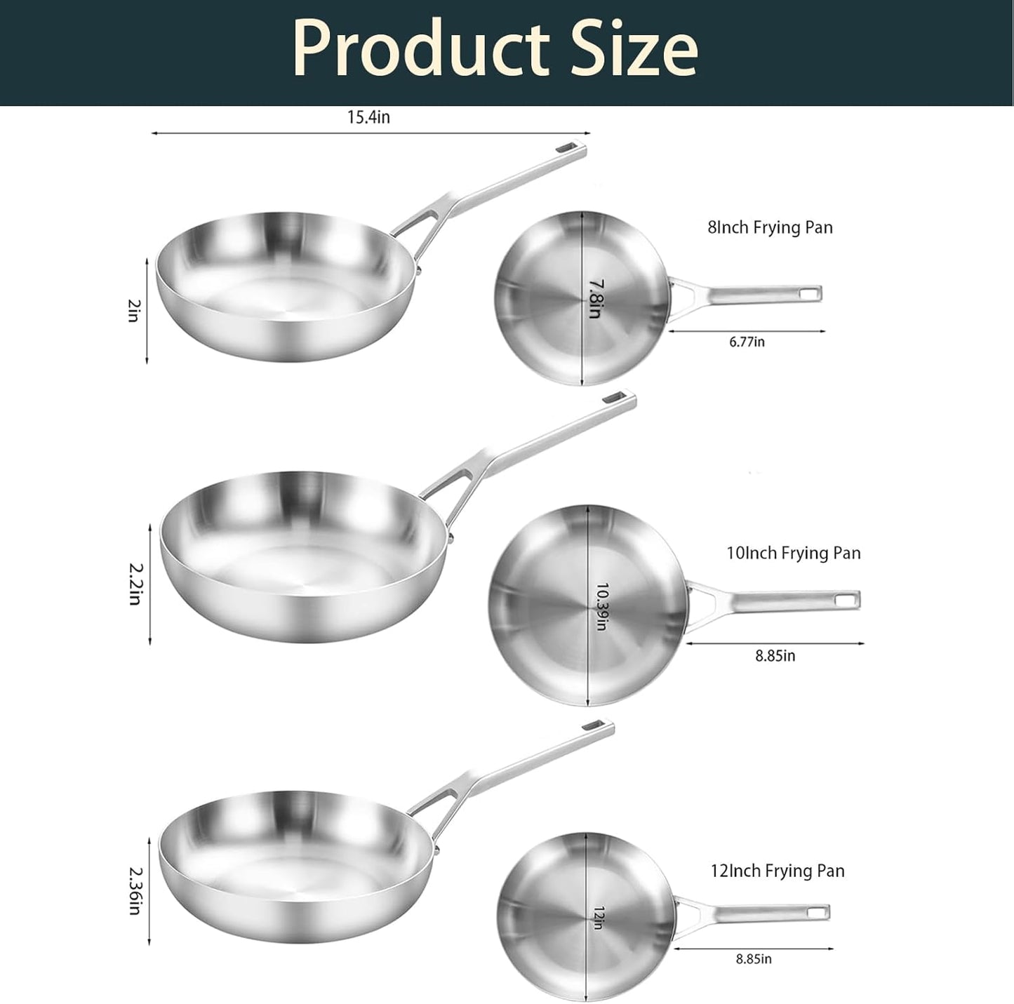 Stainless Steel Pan Set, All Cooktops Up to 600℉,Tri-Ply Stainless Steel Frying Pan Set, 8"+10"+12", Chef's pan,Skillets, Nontoxic Fast & Even Heat