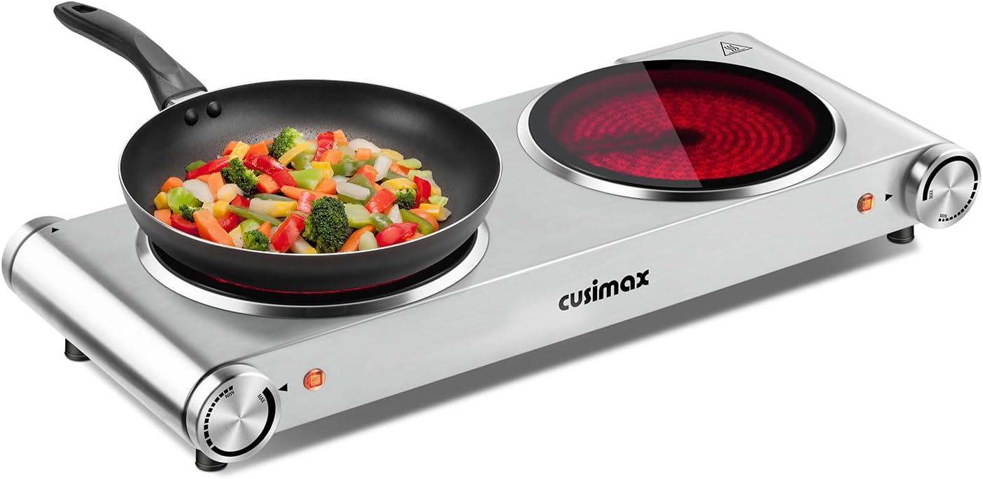 Double Burner, CUSIMAX Electric Burner 1800W Ceramic Hot Plate for Cooking, Glass Plate Infrared Burner, Portable Dual Control Electric Cooktop, Stainless Steel-Upgraded Version