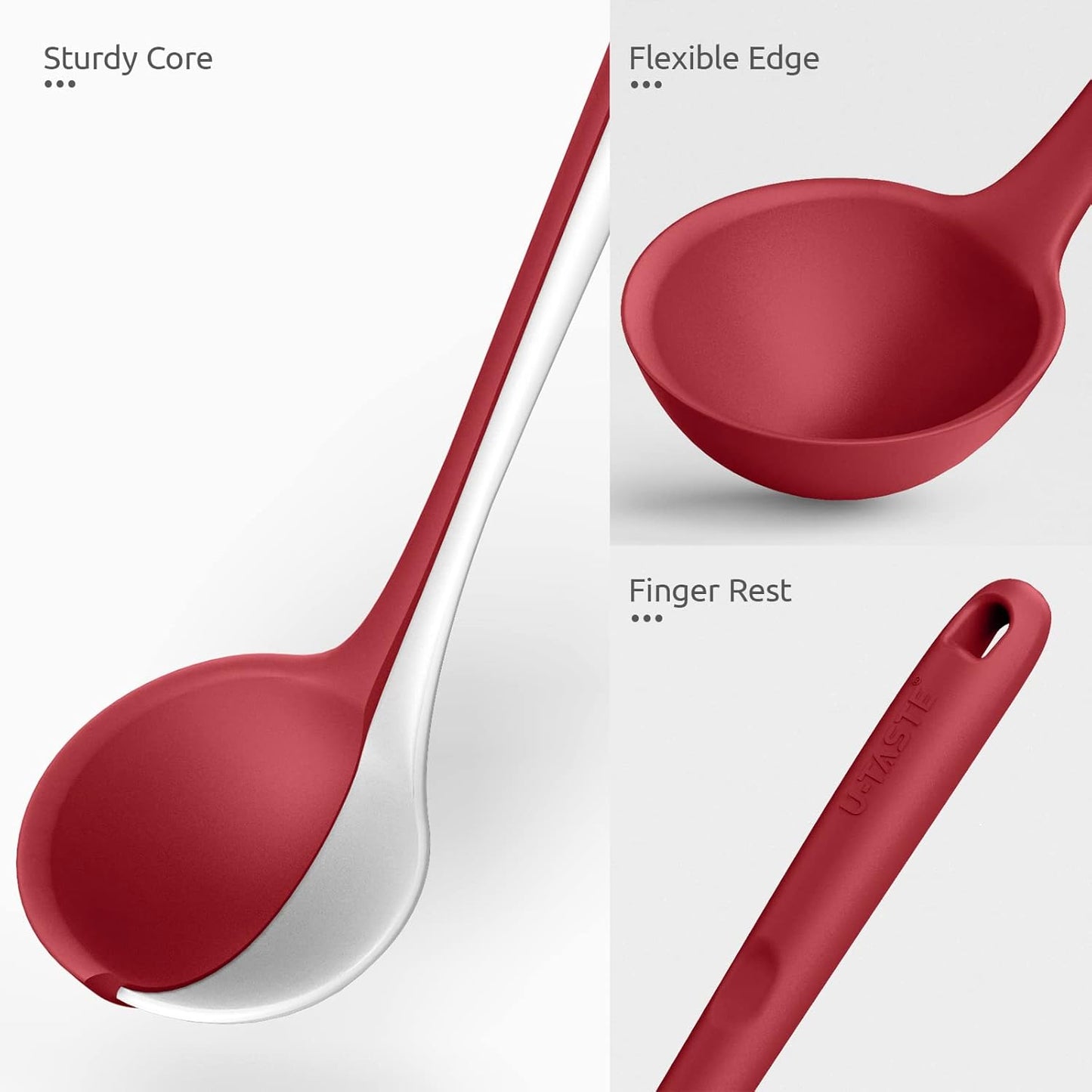 13 inch Silicone Soup Ladle: U-Taste 600ºF Heat Resistant 4 oz Large Non-stick Seamless Rubber Kitchen Deep Serving Spoon with Non Slip Solid Long Handle for Cooking Sauce/Stews/Gravies/Chili (Red)