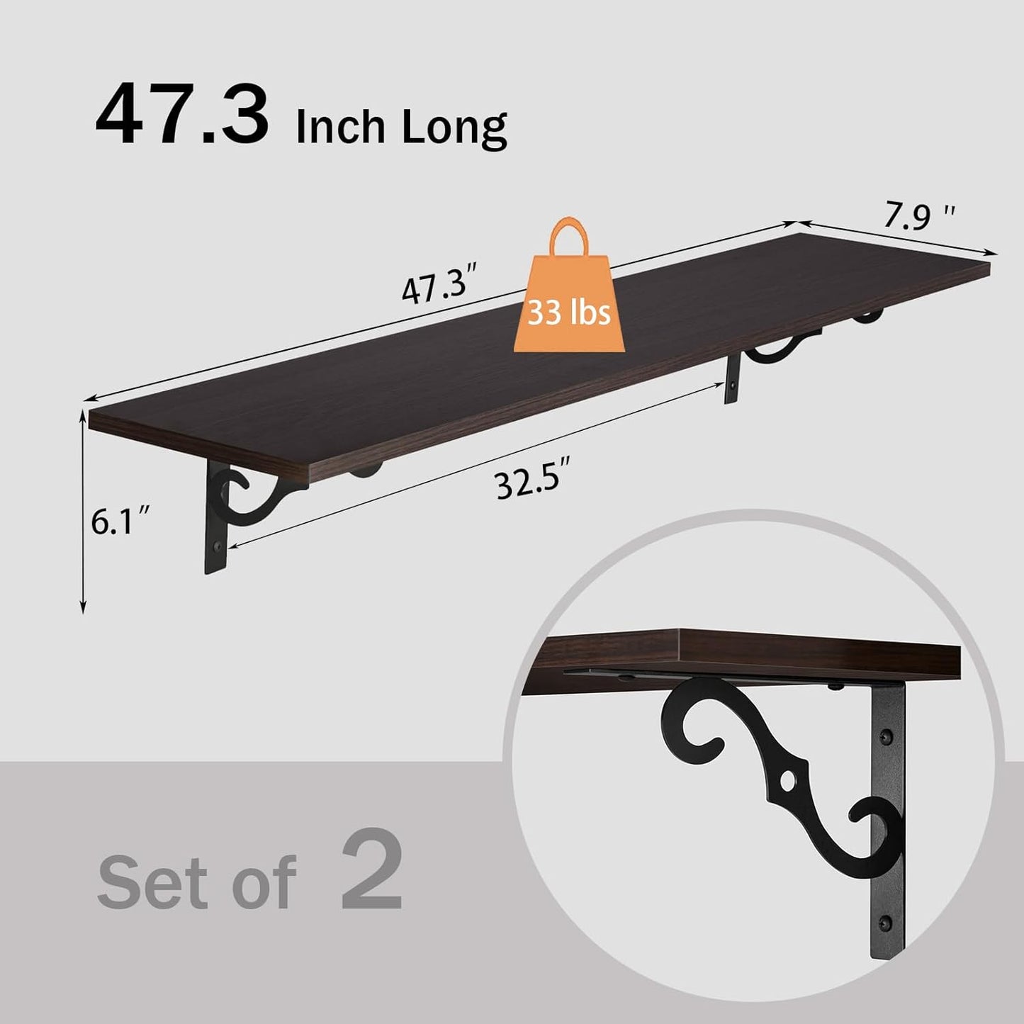 DINZI LVJ Long Wall Shelves, 47.3 Inch Large Floating Shelves Set of 2, Wide Display Shelf Wall Mounted with Brackets, Easy Hanging for Living Room, Toilet, Office, Bedroom, Espresso