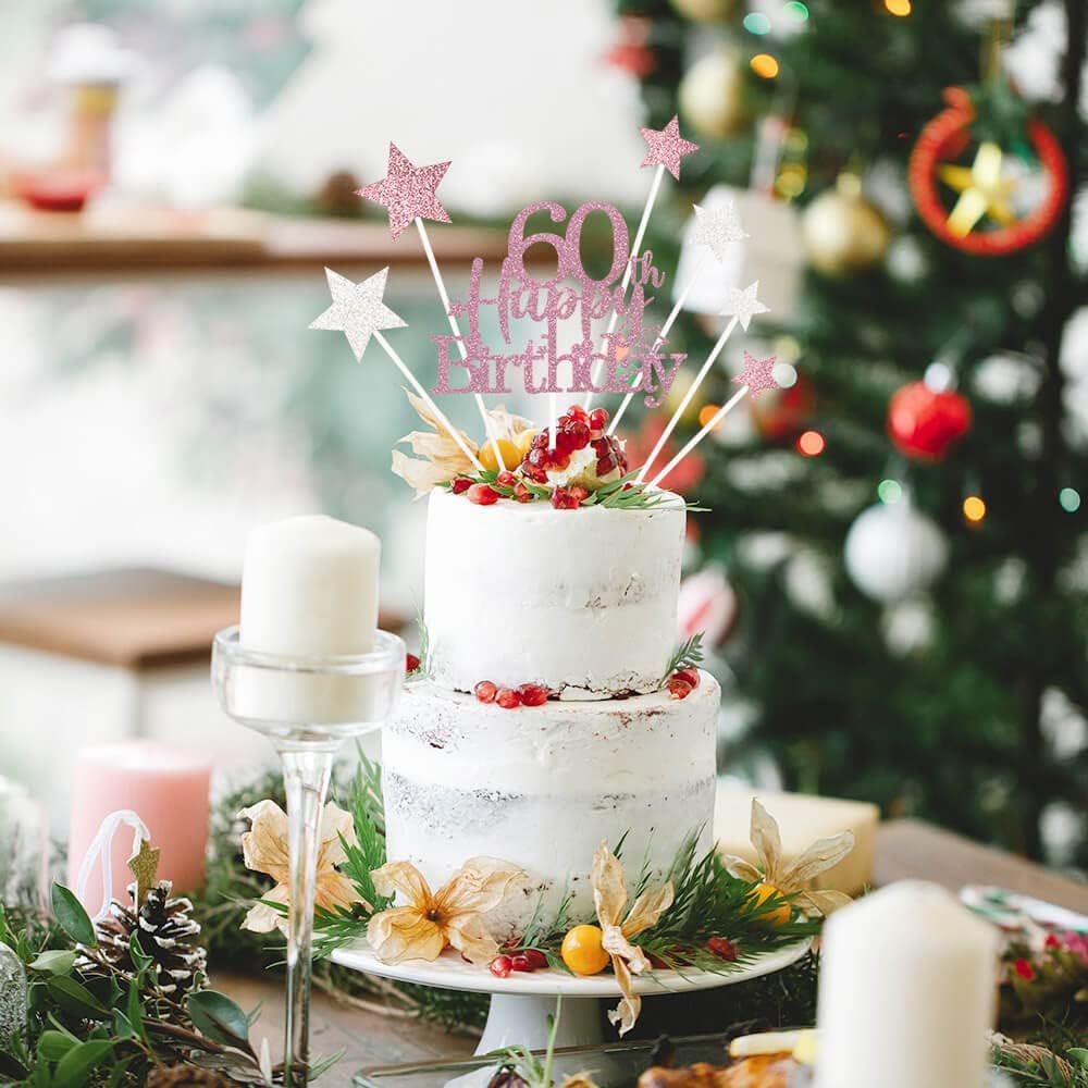 Glittery 60th Happy Birthday Cake Topper with Star,Personalised 60 Birthday Cake Toppers Party Decorations Party Supplies for Men Women Rose Gold