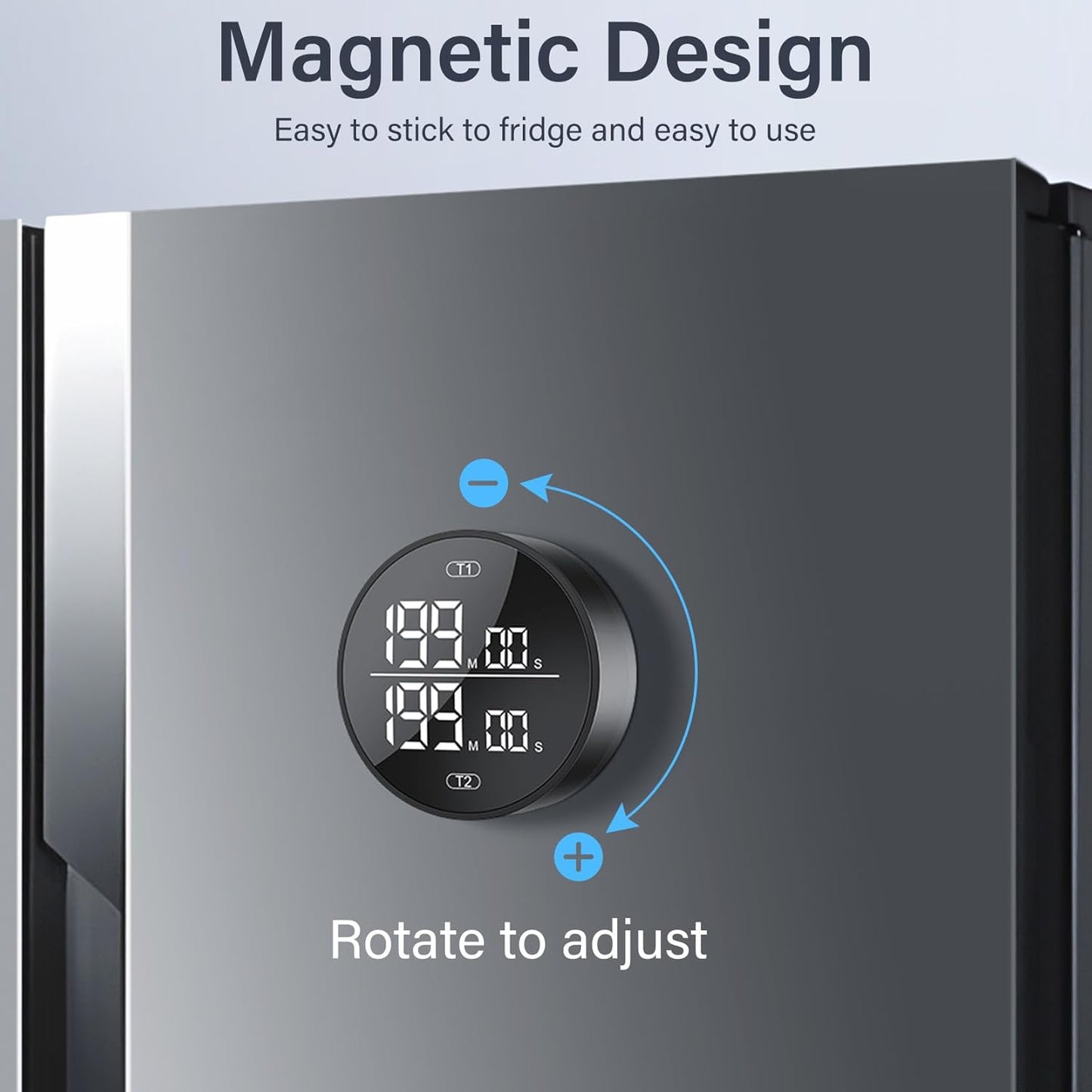 Dual Digital Kitchen Timer for Cooking, 199 Minutes Countdown & Stopwatch, Timer for Fridge, Big Digits, High-Definition Display, Easy Rotary Adjustment, 3 Volumes, 2 Brightness Levels, Black