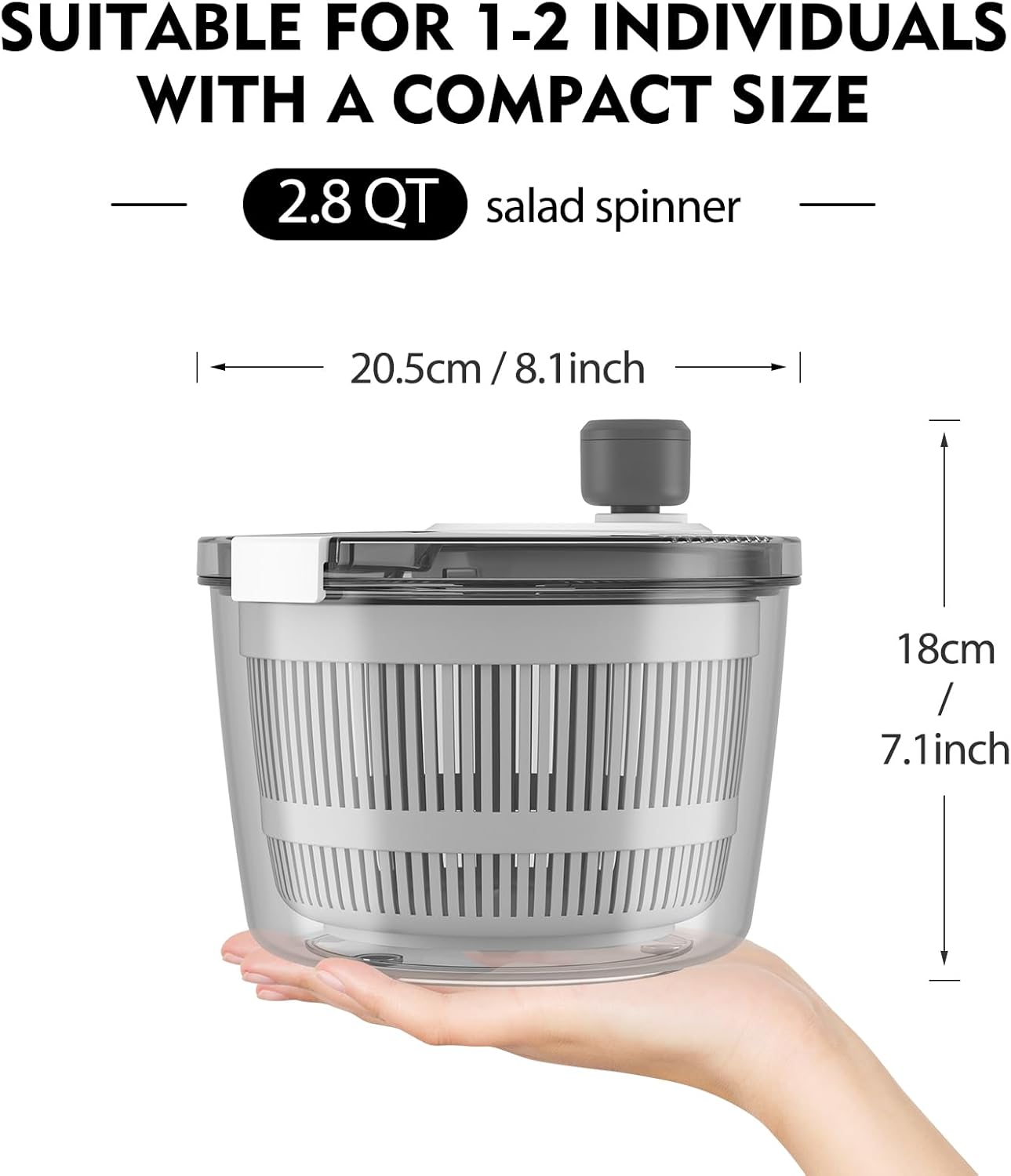 Ourokhome Salad Spinner Lettuce Dryer, Hand-crank Rotary Vegetable Dryer Veggie Washer with Transparent Bowl and Colander for Greens, Herb, Berry, Fruits, Macaroni, 2.8 QT, White