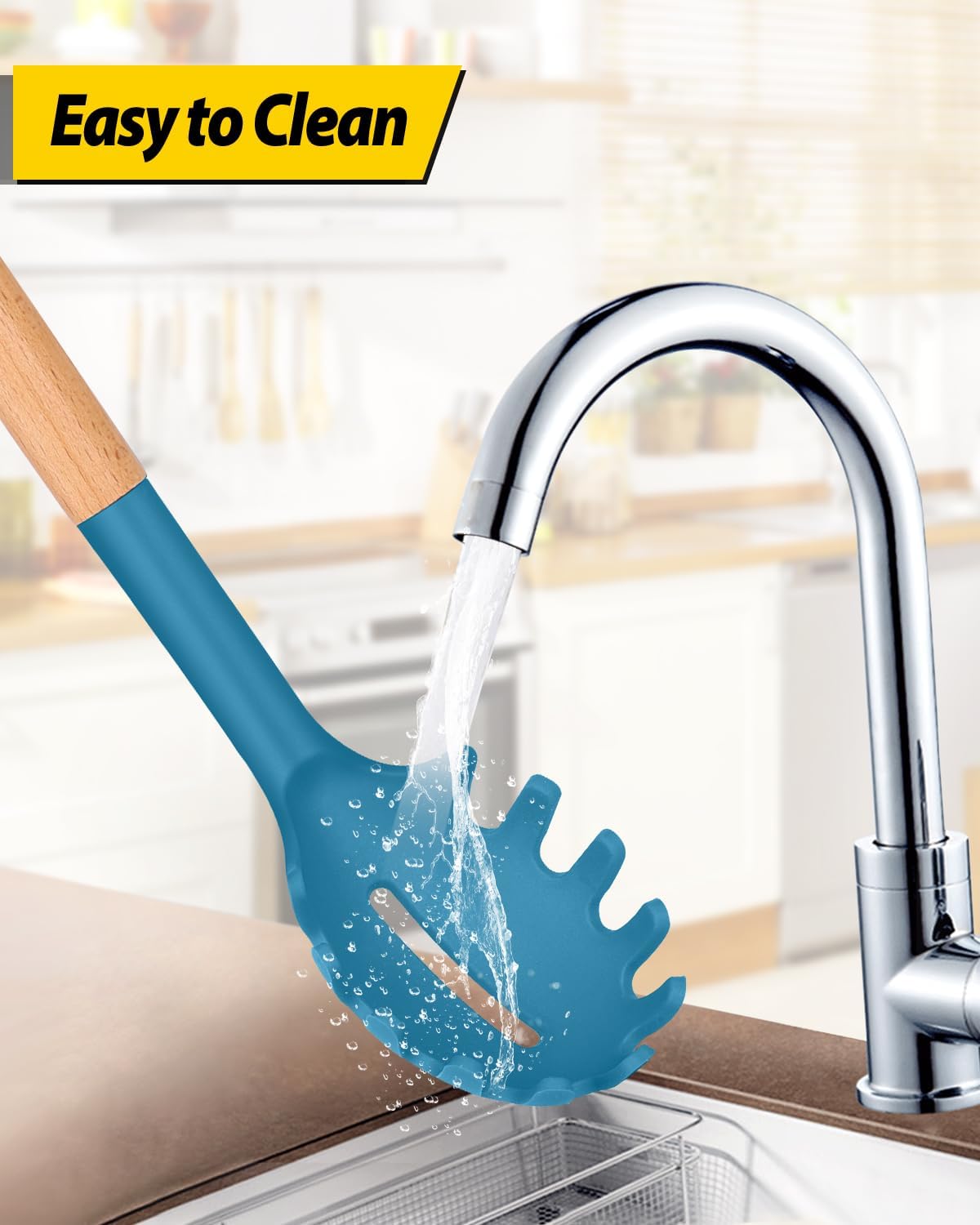 Silicone Pasta Fork and Ladle Spoon Set with Wooden Handle, Heat Resistant Non Stick Kitchen Utensils for Cooking, Stirring, Serving Spaghetti, Soup, Sauce(BLUE)