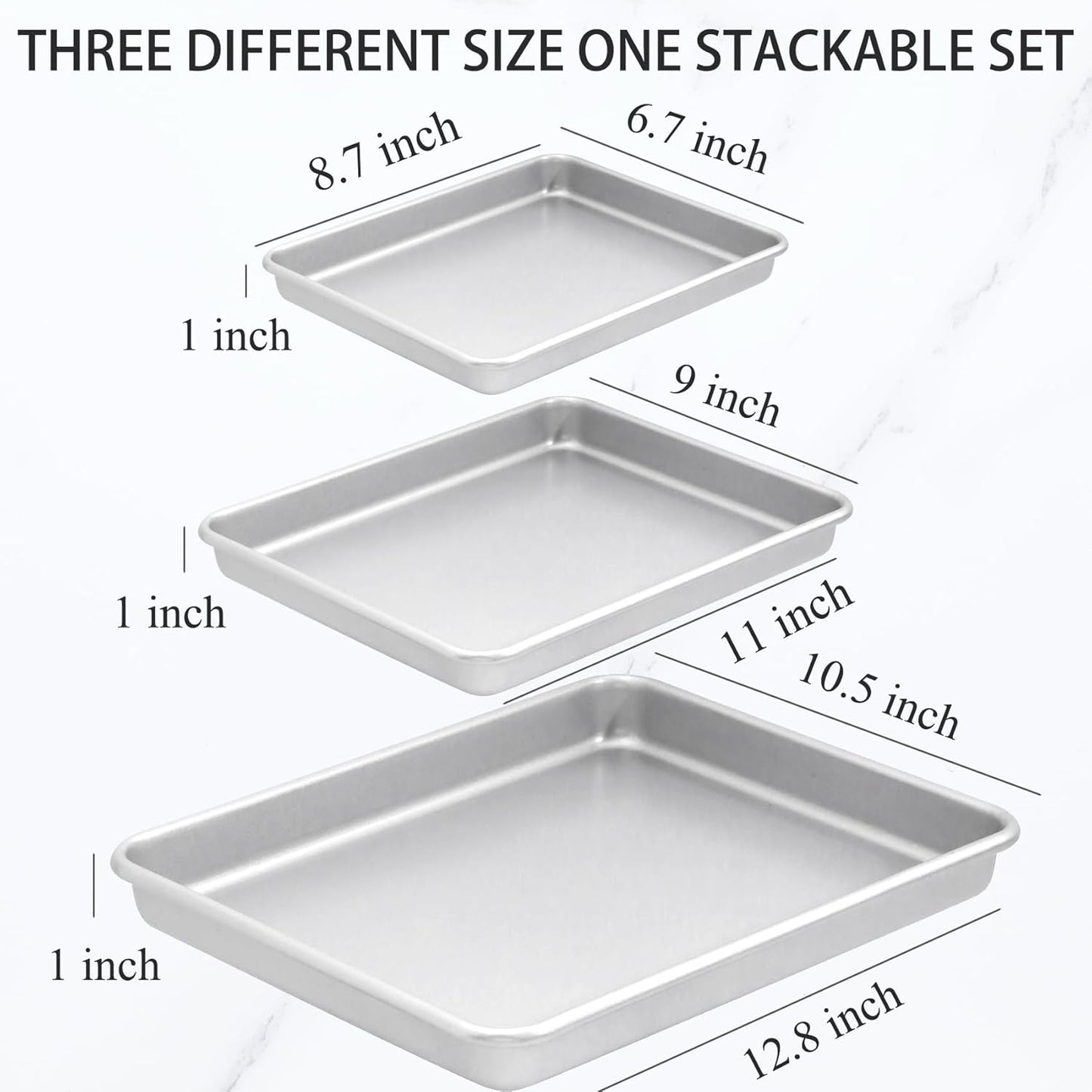 3-Piece Nonstick Baking Pans Set of 3 - Nonstick Rectangle Sheet Cake Pans, 13/11/9 Inch Metal Oven Tray for Cooking Jellyroll, Stackable Bakeware Set