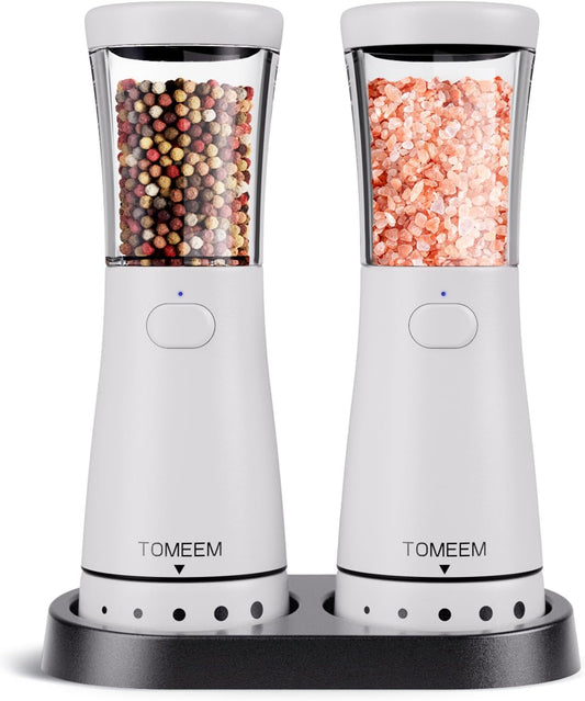 Electric Salt and Pepper Grinder Set with Storage Base, Stainless Steel Rechargeable Salt and Pepper Grinder Set with 4.5 oz Large Capacity, 1.8" Wide Mouth, Adjustable Coarseness, Ideal for Kitchen