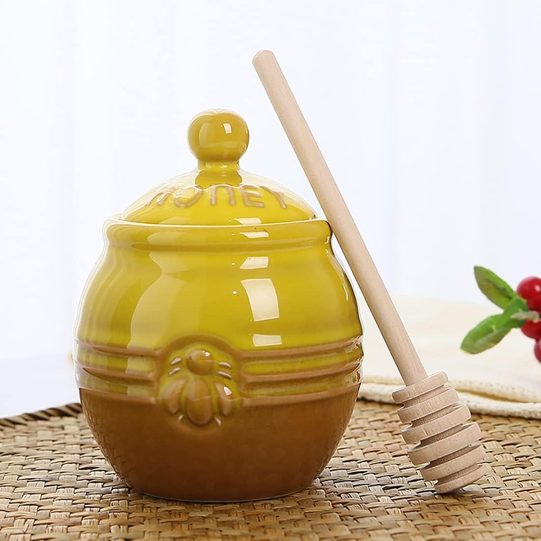 12oz Ceramic Honey Jar with Wooden Dipper Stick-Honey Pot with Dipper, Yellow Honey Dispenser, Farmhouse Kitchen Great Bee Decor, Porcelain Honey Jar Easy to Clean for Mother's Day Wife Gift