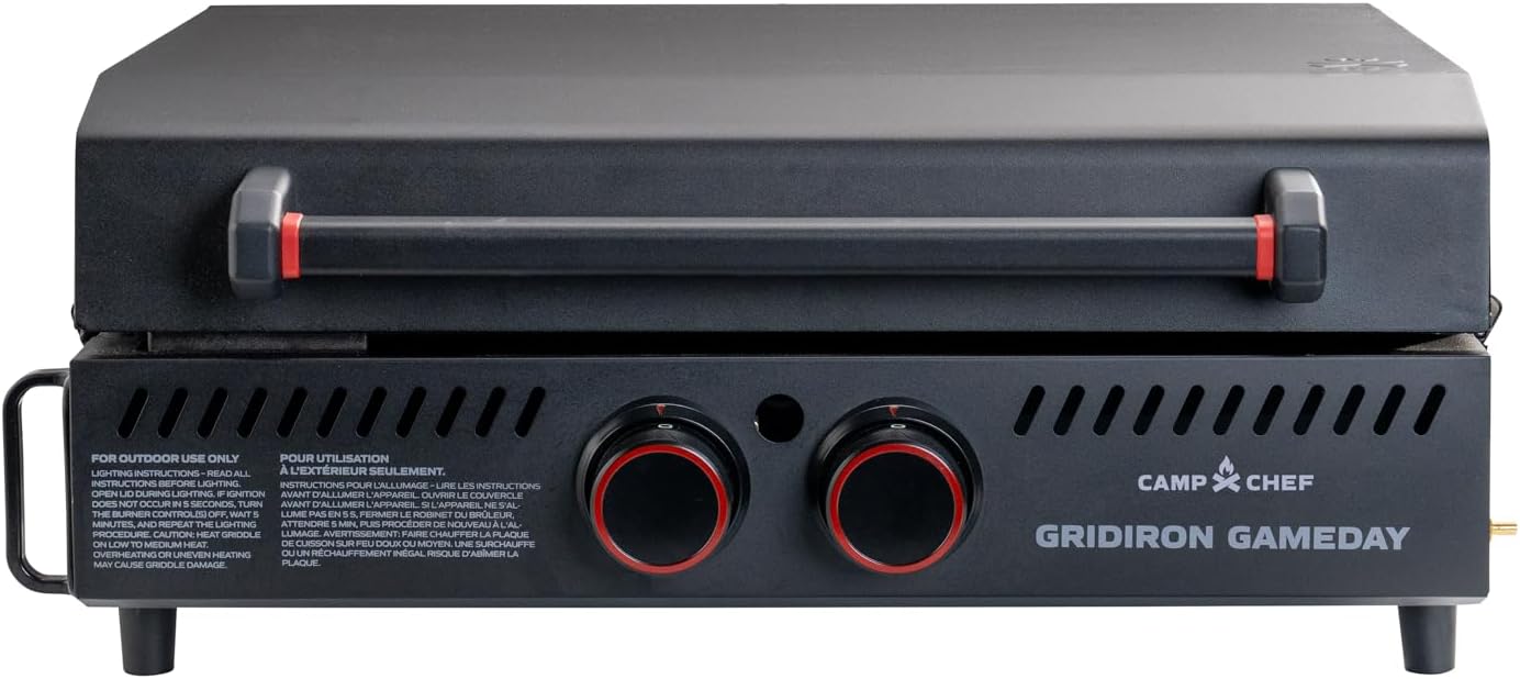 Gridiron Gameday 24" Flat Top Grill – Portable Tabletop Griddle with Hinged Lid, 24,000 BTUs, Flamethrower Ignition, Dual Heat Zones & Adjustable Legs for Tailgating, Camping, Outdoor Cooking